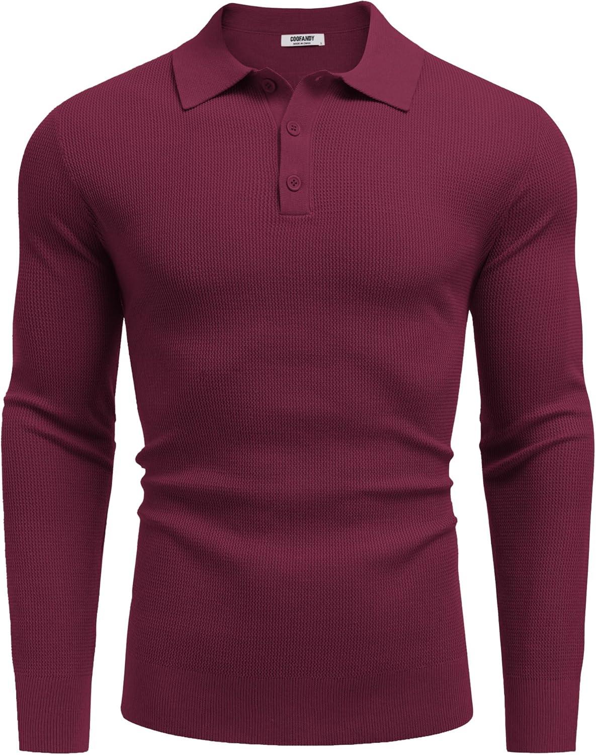 imageCOOFANDY Mens Knit Polo Long Sleeve Sweaters Collared Polo Sweater Casual Dress Pullover Fashion Golf SweatersWine Red