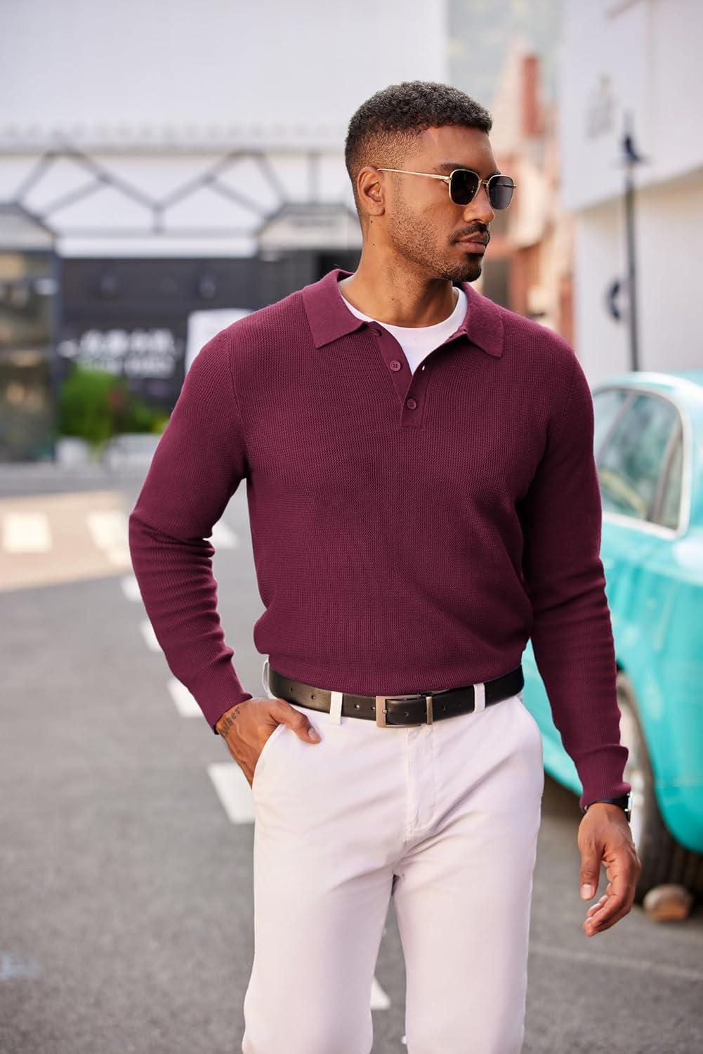 imageCOOFANDY Mens Knit Polo Long Sleeve Sweaters Collared Polo Sweater Casual Dress Pullover Fashion Golf SweatersWine Red