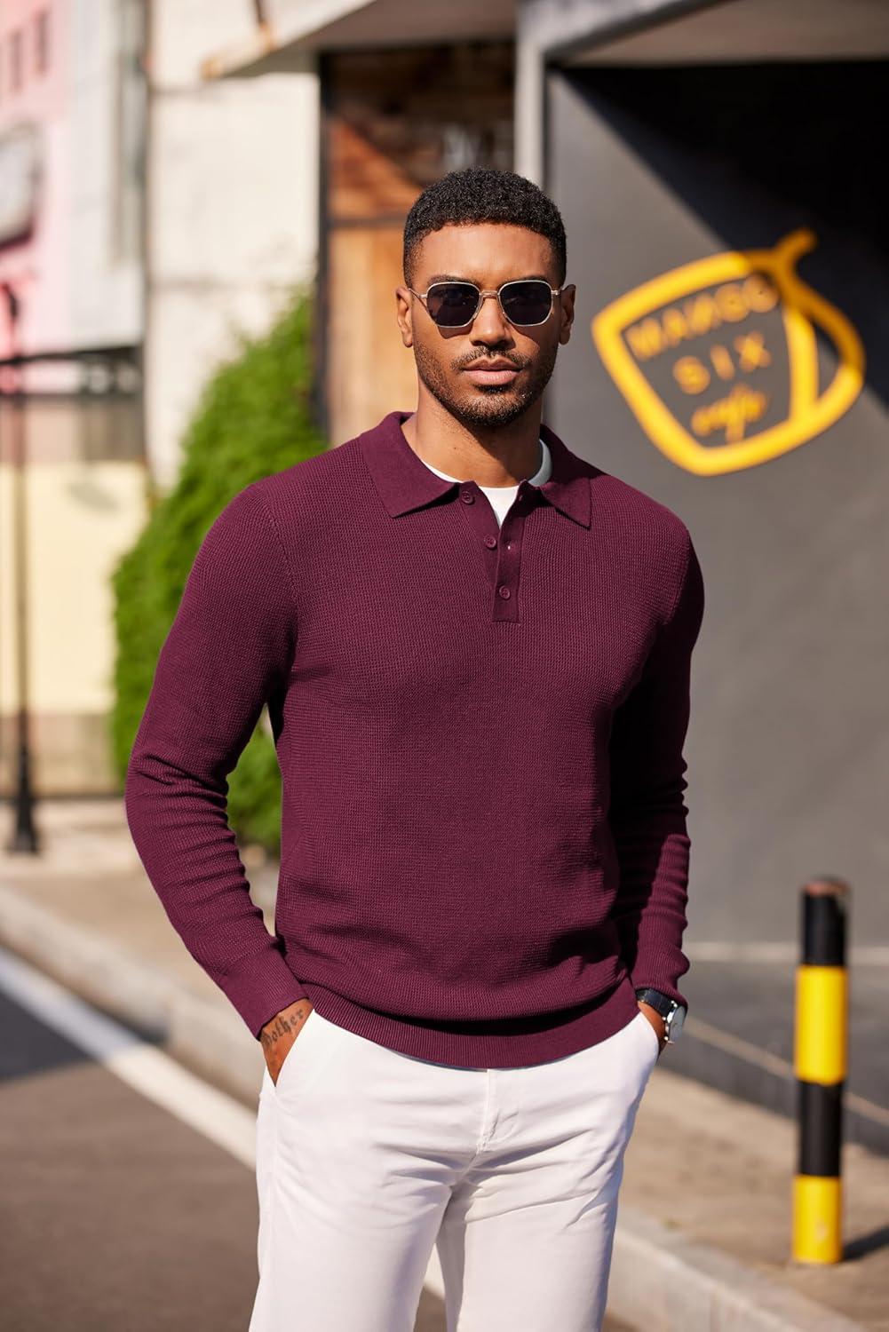 imageCOOFANDY Mens Knit Polo Long Sleeve Sweaters Collared Polo Sweater Casual Dress Pullover Fashion Golf SweatersWine Red