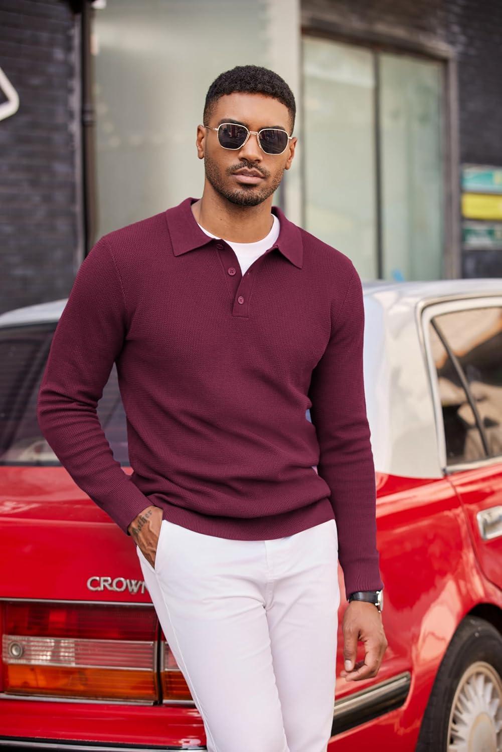 imageCOOFANDY Mens Knit Polo Long Sleeve Sweaters Collared Polo Sweater Casual Dress Pullover Fashion Golf SweatersWine Red