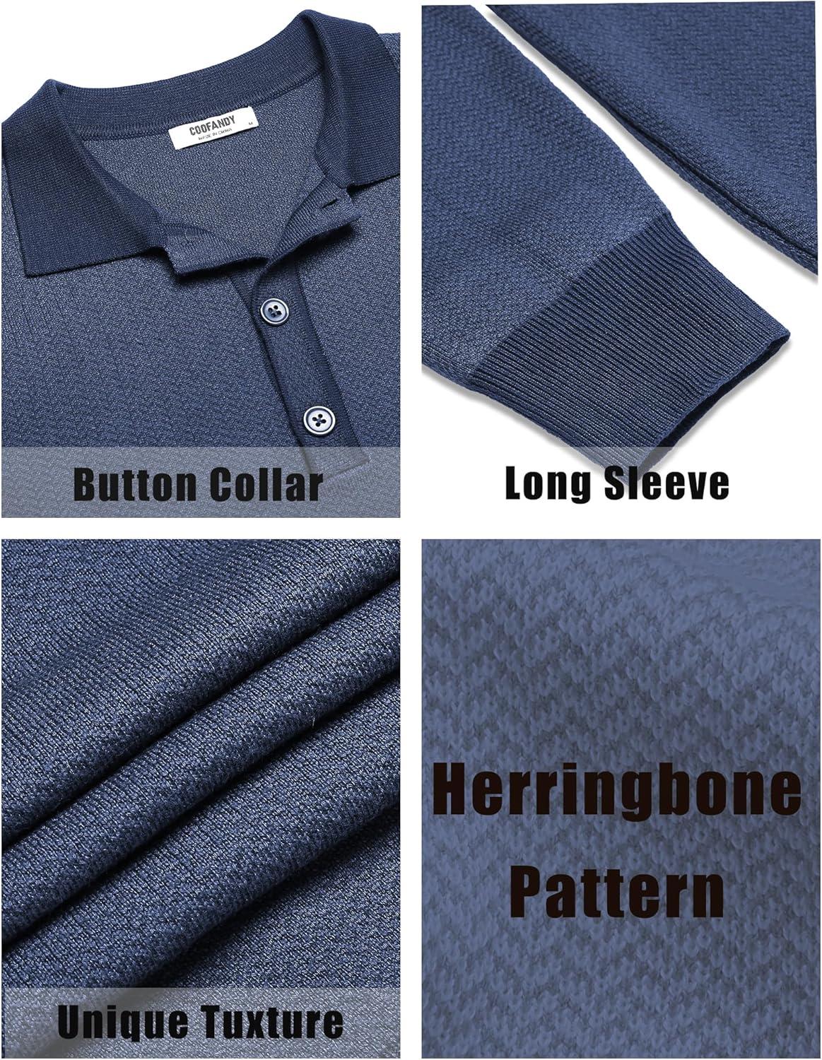 imageCOOFANDY Mens Knit Polo Shirts Casual Long Sleeve Classic Polo Shirts Button Down Golf ShirtsHerringbone Blue