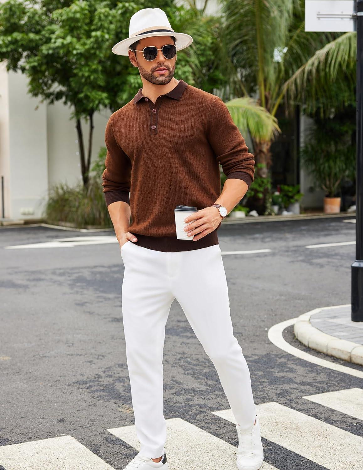 imageCOOFANDY Mens Knit Polo Shirts Casual Long Sleeve Classic Polo Shirts Button Down Golf ShirtsHerringbone Brown