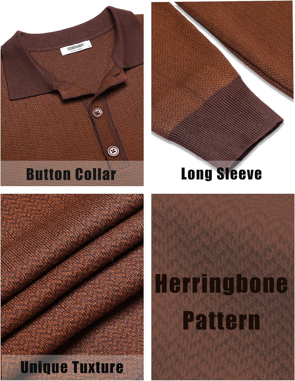 imageCOOFANDY Mens Knit Polo Shirts Casual Long Sleeve Classic Polo Shirts Button Down Golf ShirtsHerringbone Brown
