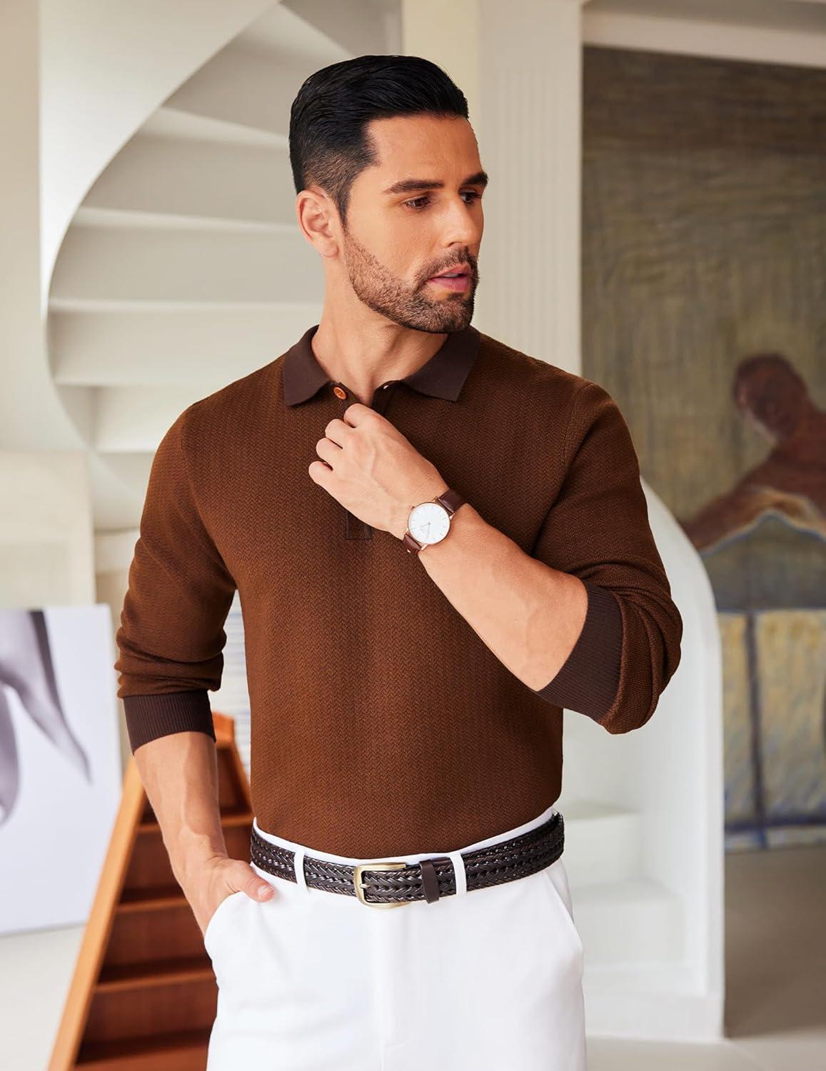 imageCOOFANDY Mens Knit Polo Shirts Casual Long Sleeve Classic Polo Shirts Button Down Golf ShirtsHerringbone Brown