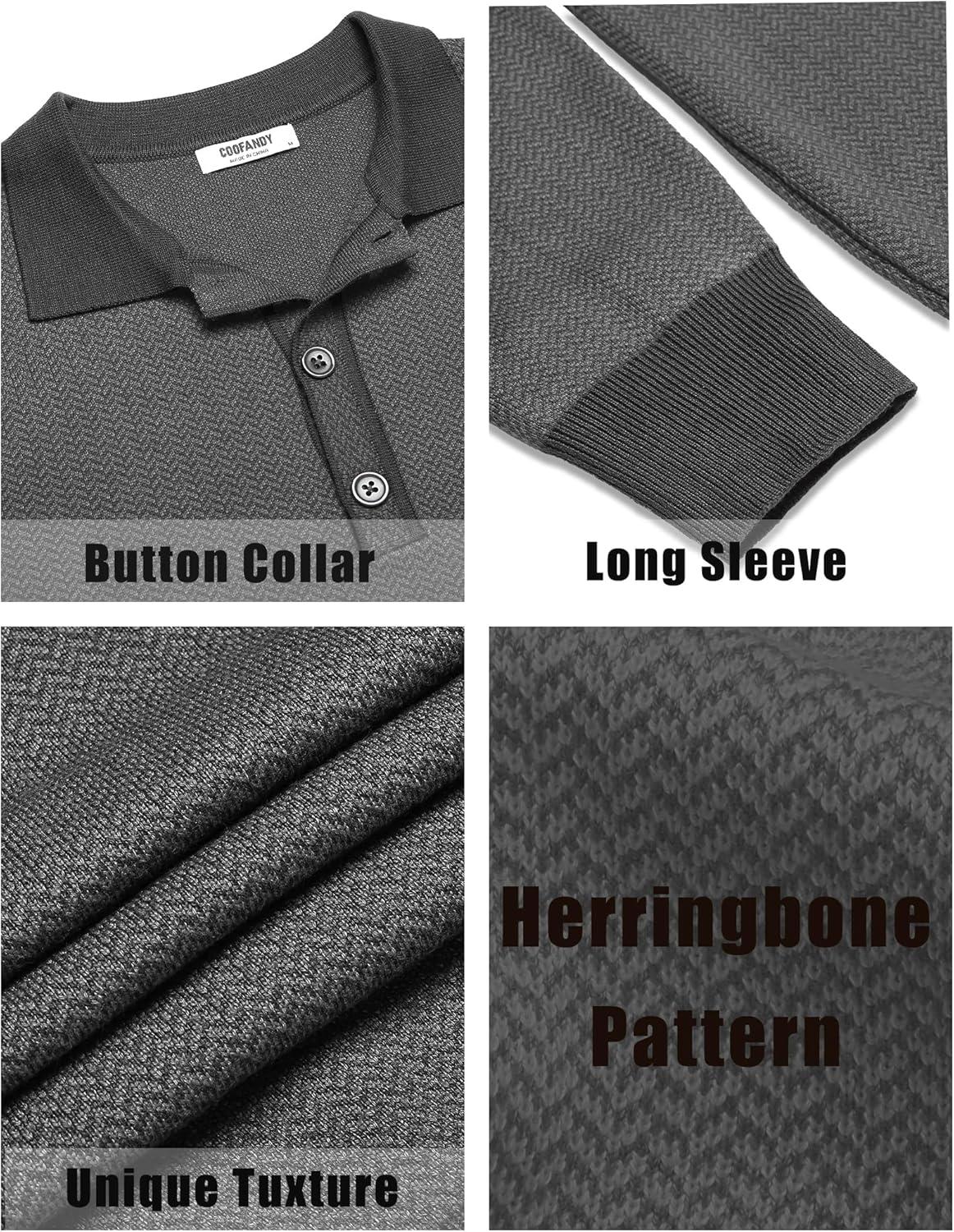 imageCOOFANDY Mens Knit Polo Shirts Casual Long Sleeve Classic Polo Shirts Button Down Golf ShirtsHerringbone Grey