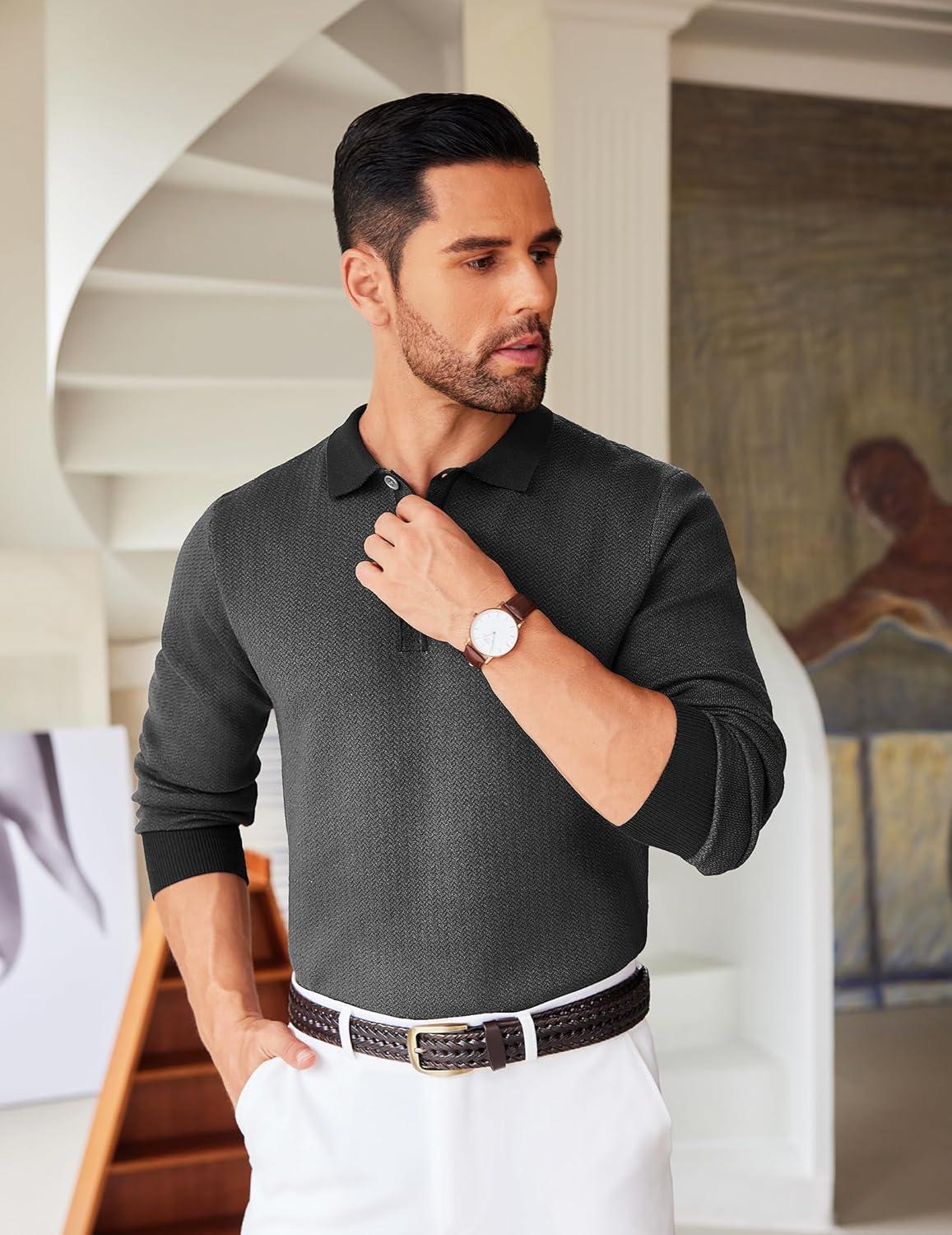 imageCOOFANDY Mens Knit Polo Shirts Casual Long Sleeve Classic Polo Shirts Button Down Golf ShirtsHerringbone Grey