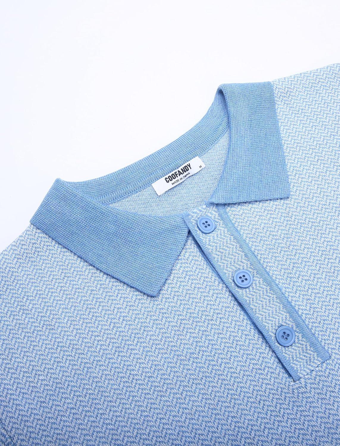 imageCOOFANDY Mens Knit Polo Shirts Casual Long Sleeve Classic Polo Shirts Button Down Golf ShirtsHerringbone Light Blue
