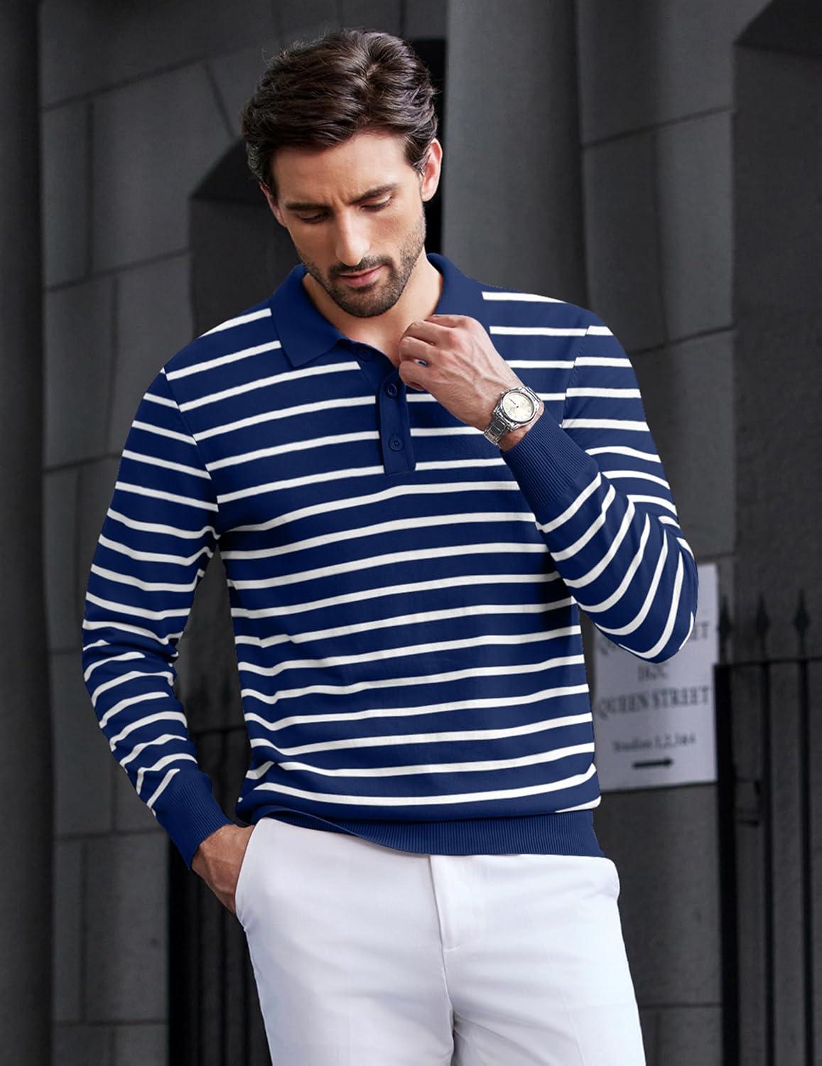 imageCOOFANDY Mens Knit Polo Shirts Casual Long Sleeve Classic Polo Shirts Button Down Golf ShirtsNavy Stripes