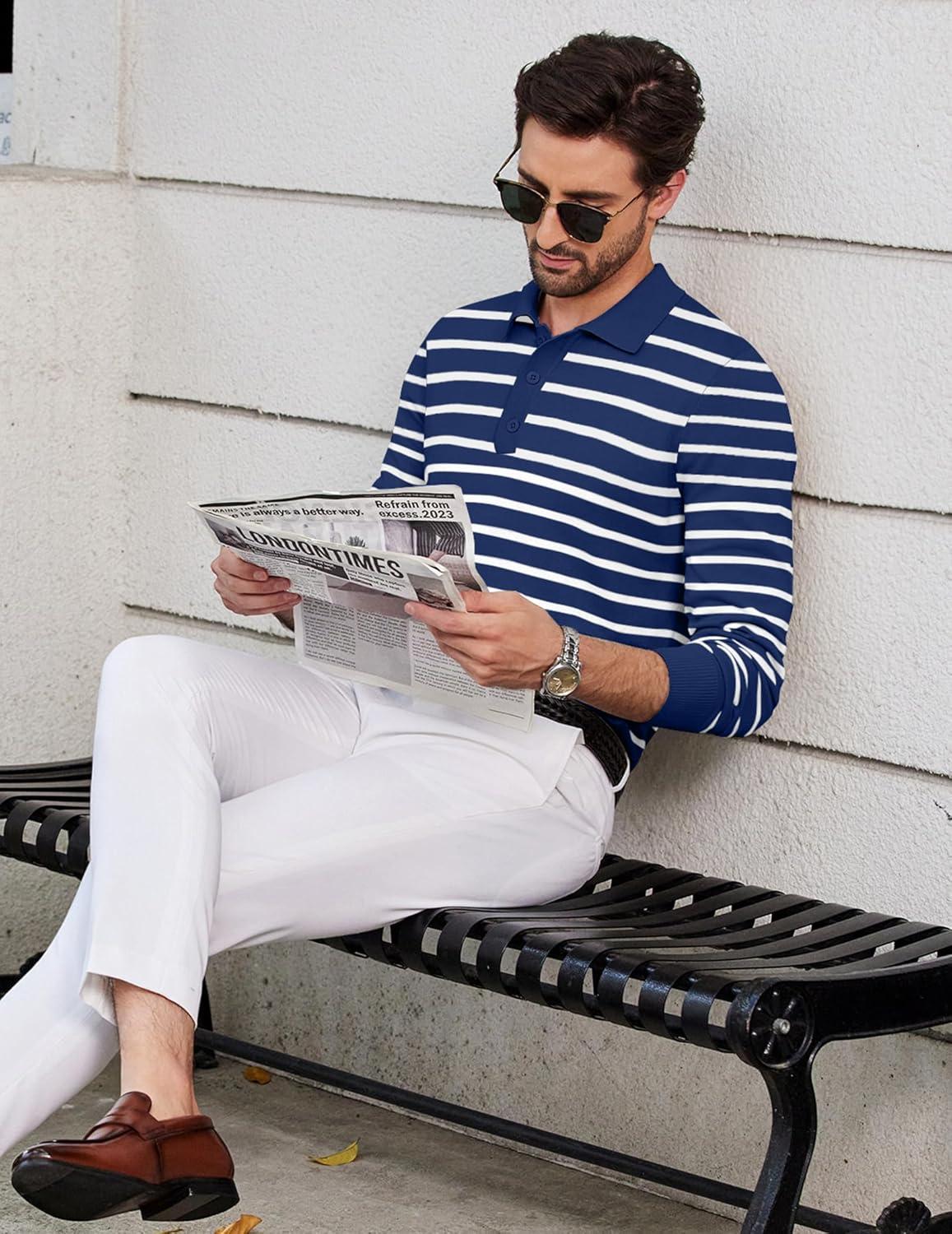 imageCOOFANDY Mens Knit Polo Shirts Casual Long Sleeve Classic Polo Shirts Button Down Golf ShirtsNavy Stripes