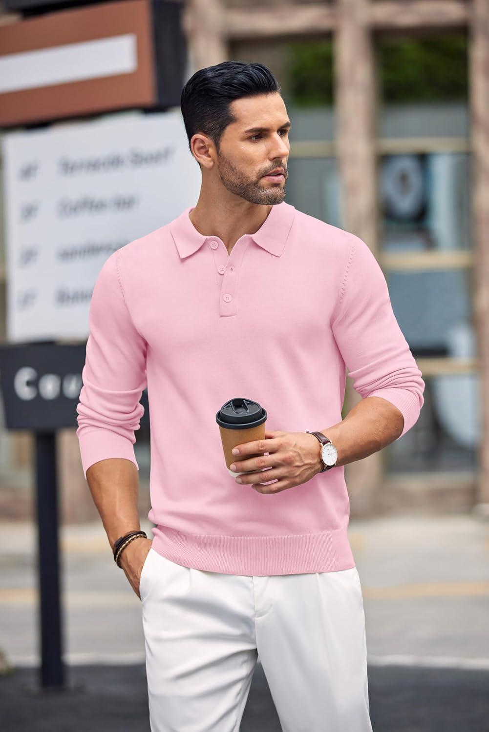 imageCOOFANDY Mens Knit Polo Shirts Casual Long Sleeve Classic Polo Shirts Button Down Golf ShirtsPink