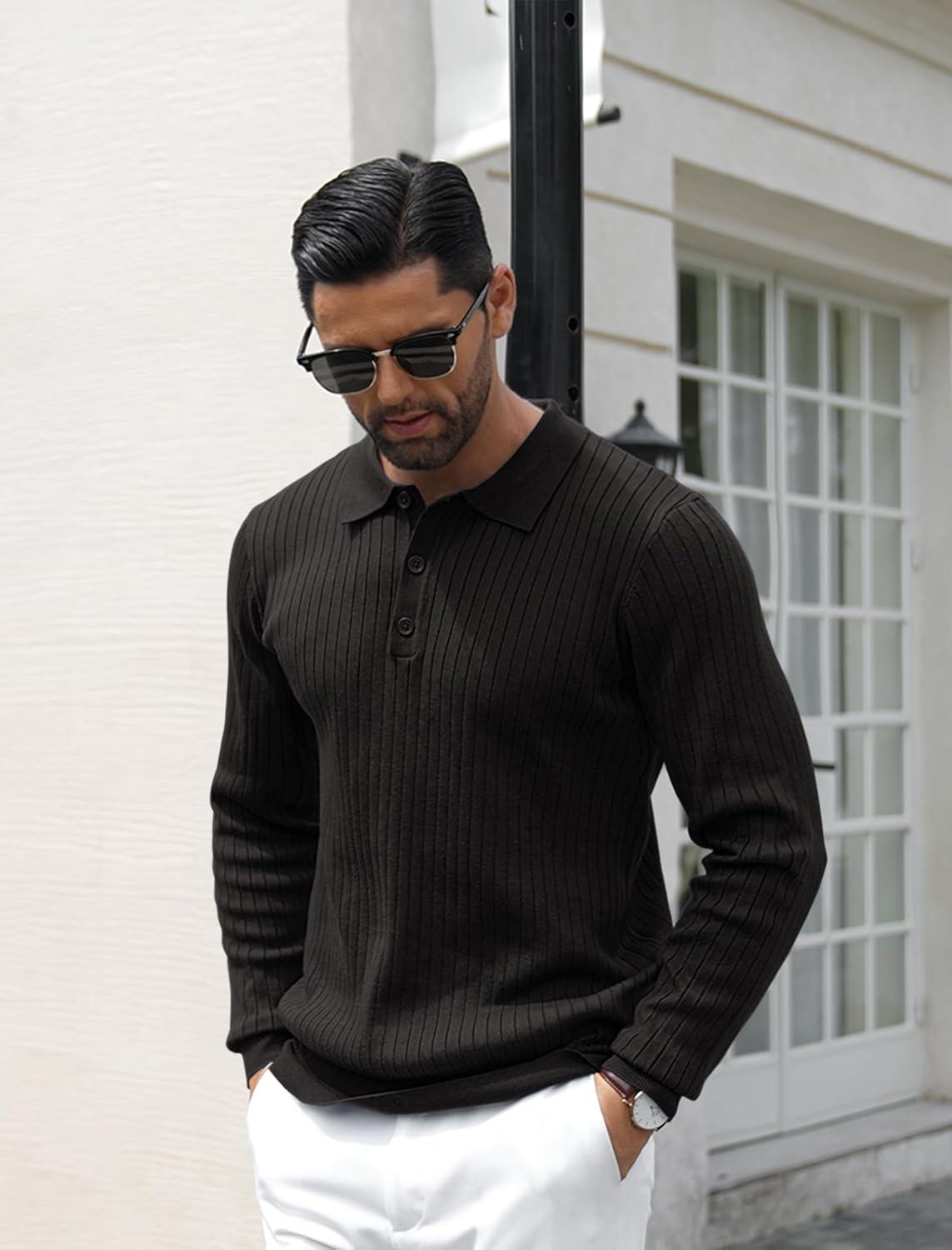 imageCOOFANDY Mens Knit Polo Shirts Casual Long Sleeve Classic Polo Shirts Button Down Golf ShirtsRibbed Black