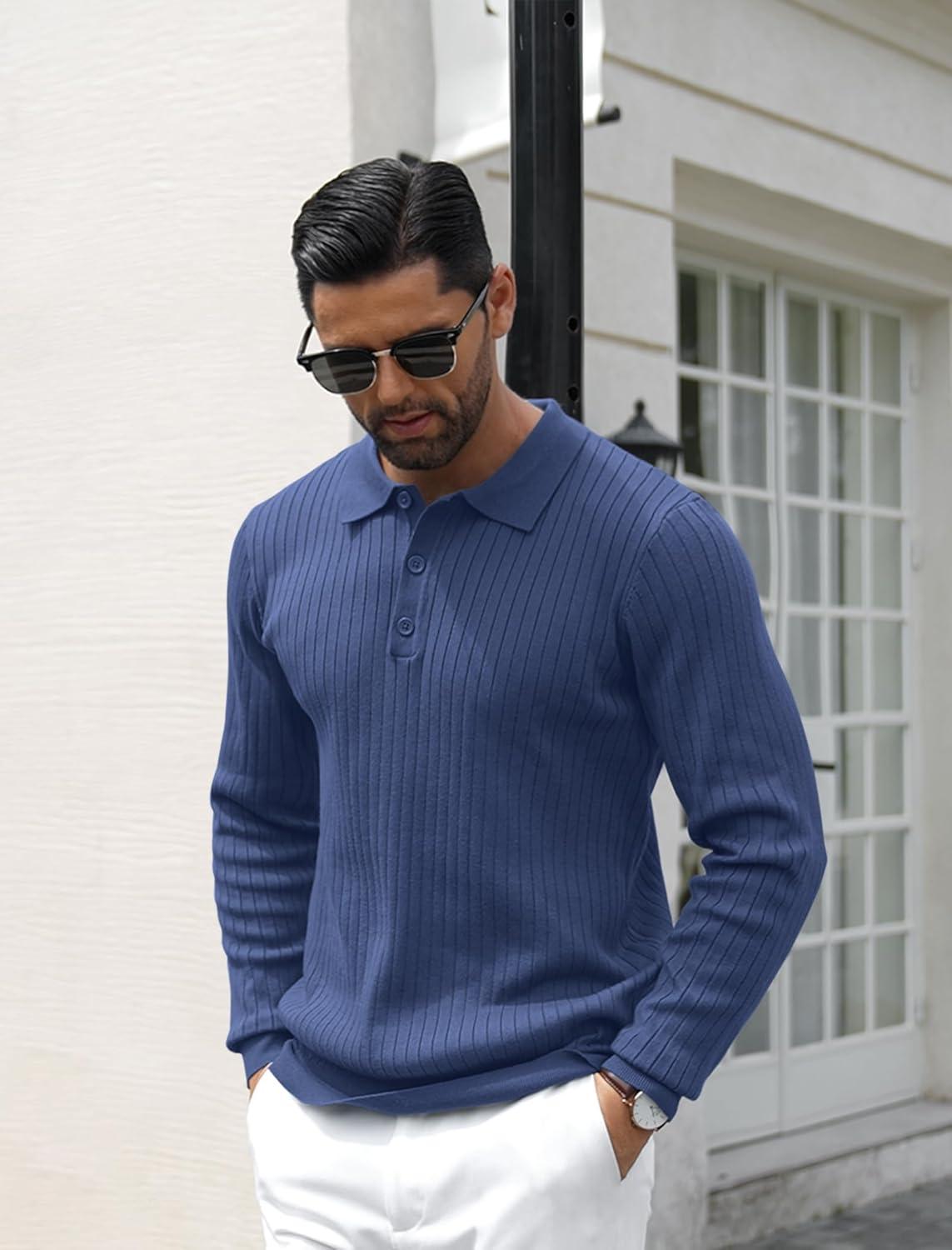 imageCOOFANDY Mens Knit Polo Shirts Casual Long Sleeve Classic Polo Shirts Button Down Golf ShirtsRibbed Blue