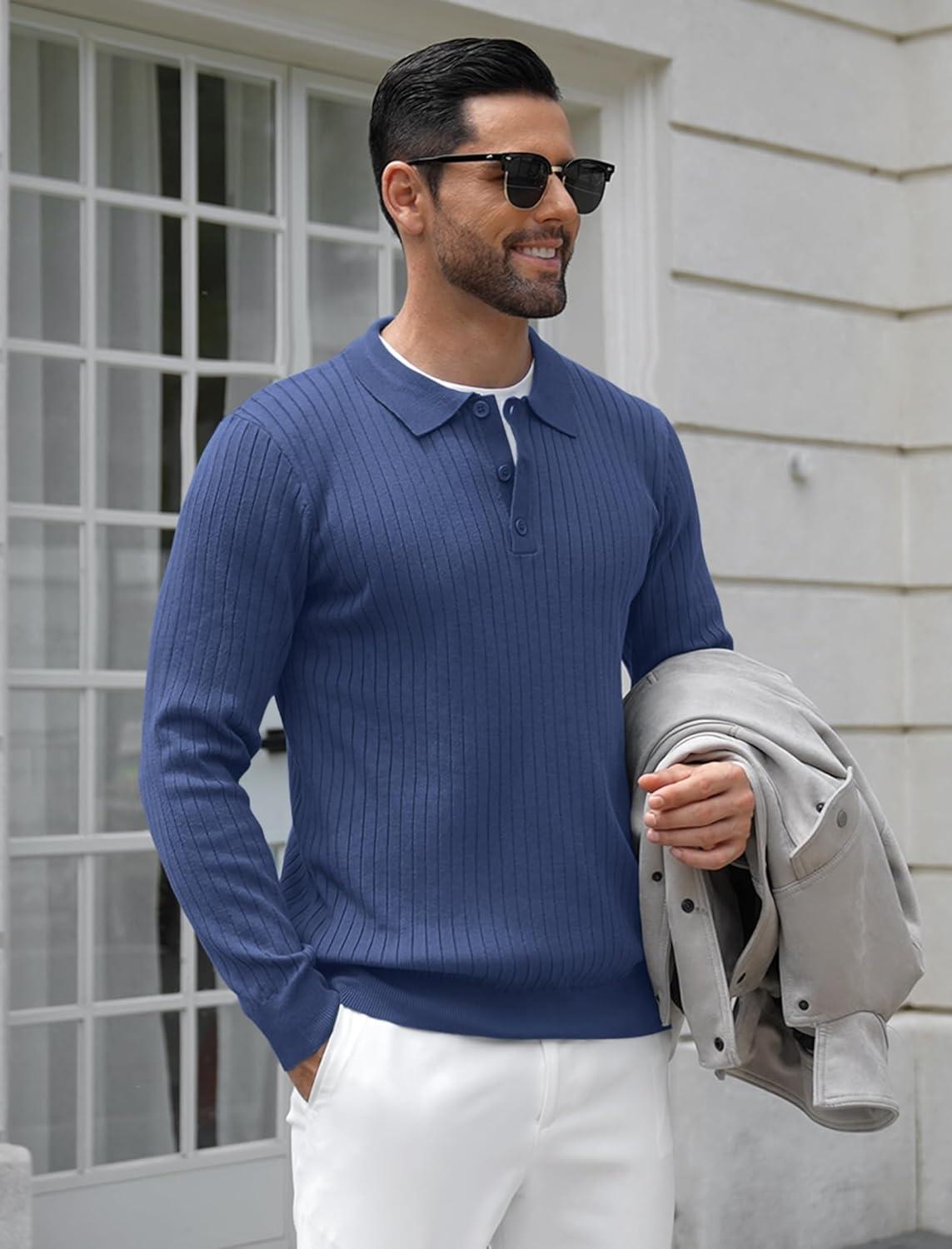 imageCOOFANDY Mens Knit Polo Shirts Casual Long Sleeve Classic Polo Shirts Button Down Golf ShirtsRibbed Blue