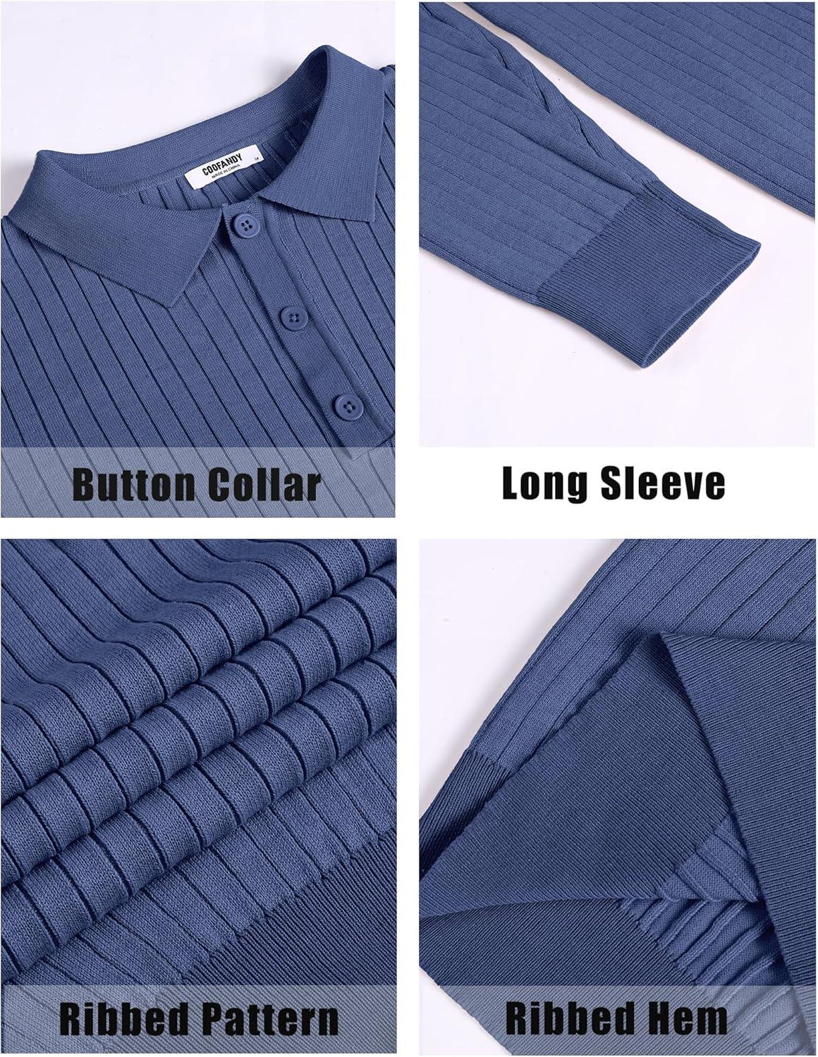 imageCOOFANDY Mens Knit Polo Shirts Casual Long Sleeve Classic Polo Shirts Button Down Golf ShirtsRibbed Blue