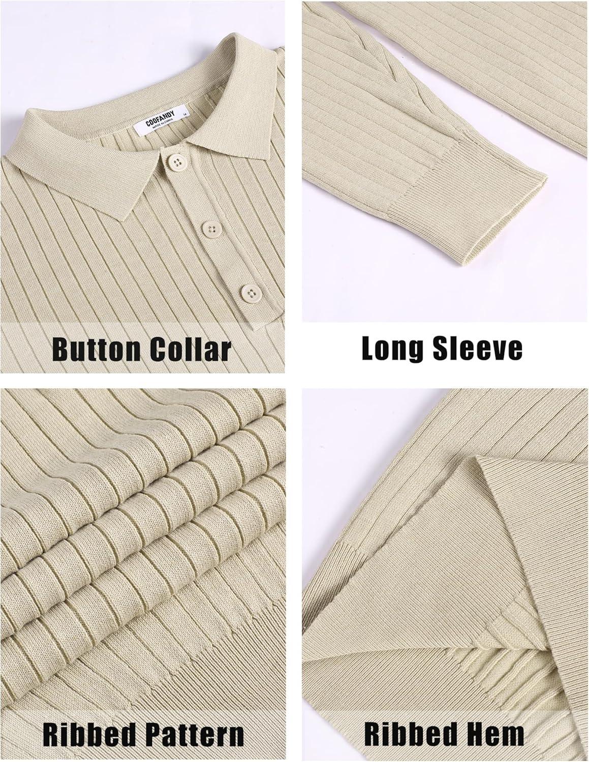 imageCOOFANDY Mens Knit Polo Shirts Casual Long Sleeve Classic Polo Shirts Button Down Golf ShirtsRibbed Cream