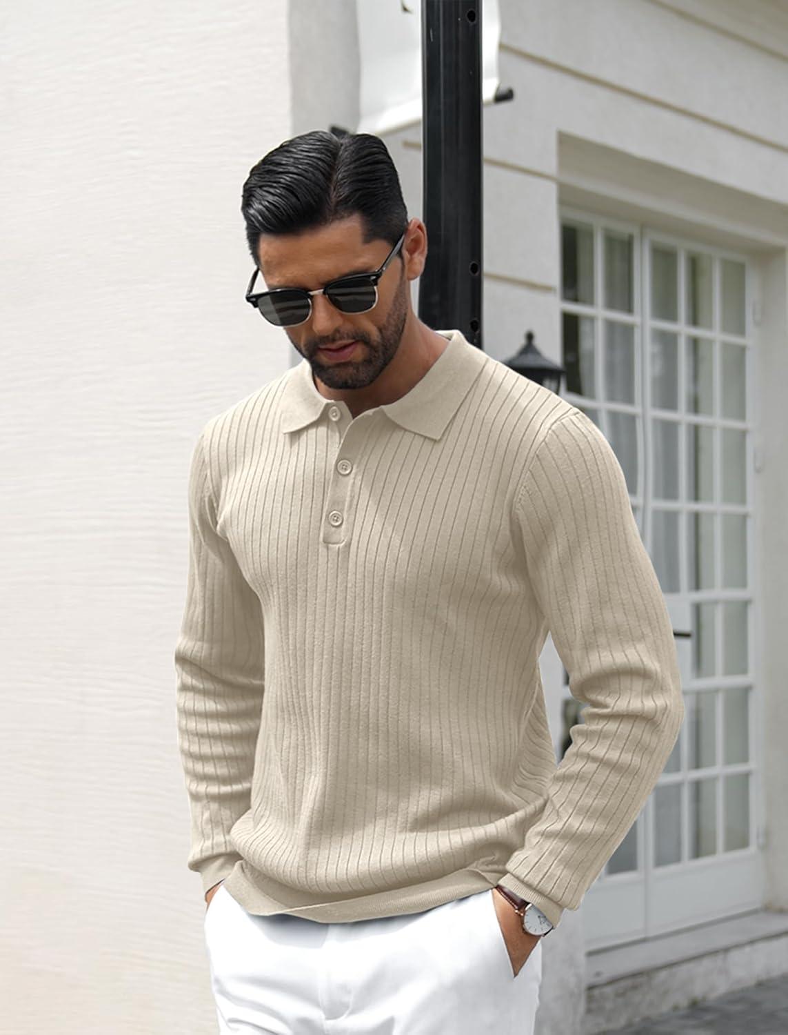 imageCOOFANDY Mens Knit Polo Shirts Casual Long Sleeve Classic Polo Shirts Button Down Golf ShirtsRibbed Cream