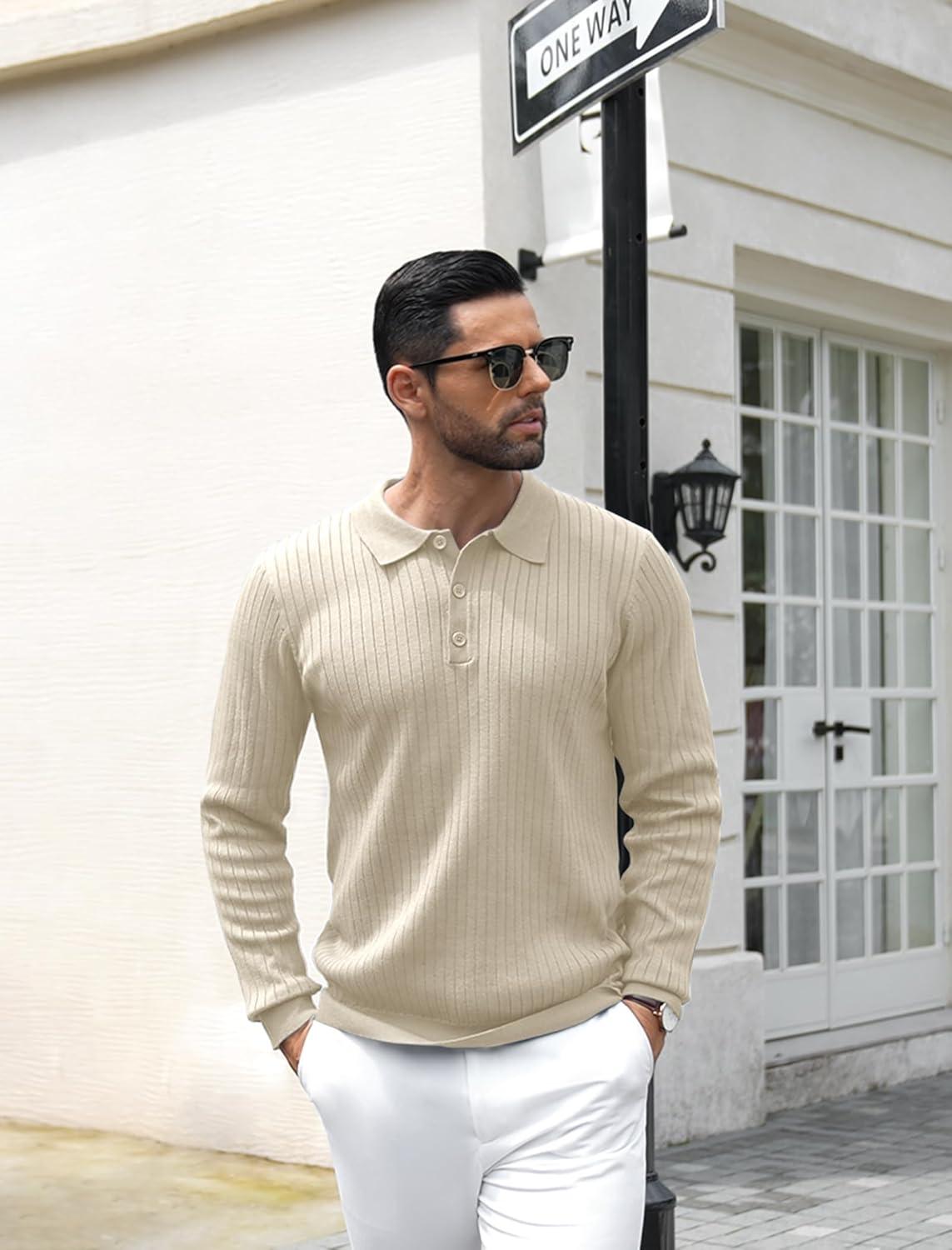 imageCOOFANDY Mens Knit Polo Shirts Casual Long Sleeve Classic Polo Shirts Button Down Golf ShirtsRibbed Cream