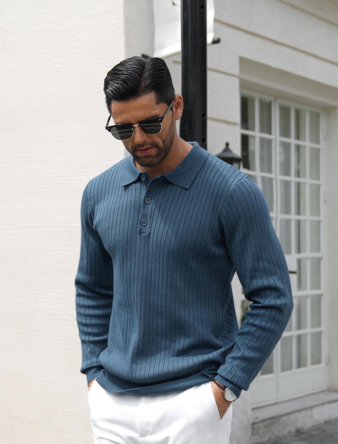 imageCOOFANDY Mens Knit Polo Shirts Casual Long Sleeve Classic Polo Shirts Button Down Golf ShirtsRibbed Denim Blue