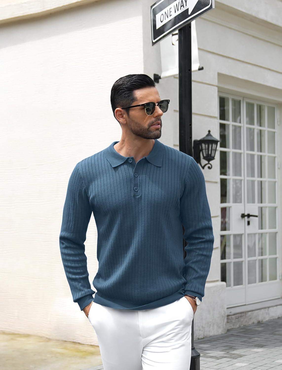 imageCOOFANDY Mens Knit Polo Shirts Casual Long Sleeve Classic Polo Shirts Button Down Golf ShirtsRibbed Denim Blue