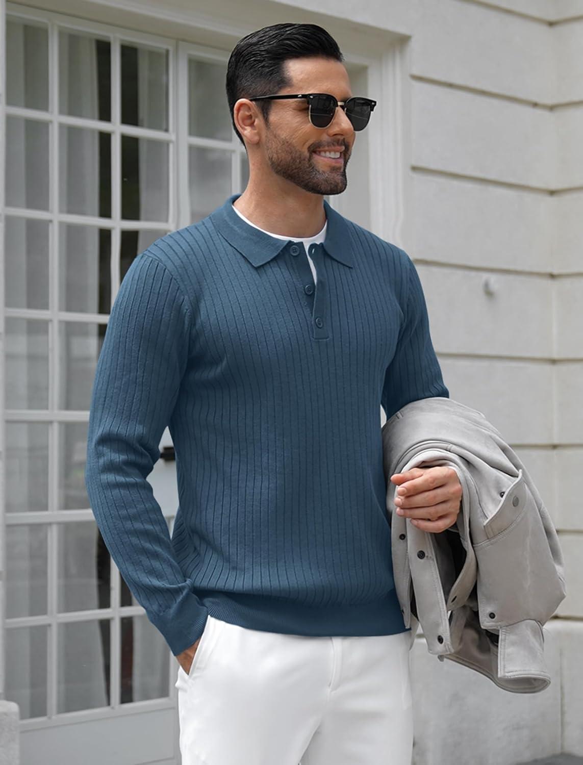 imageCOOFANDY Mens Knit Polo Shirts Casual Long Sleeve Classic Polo Shirts Button Down Golf ShirtsRibbed Denim Blue