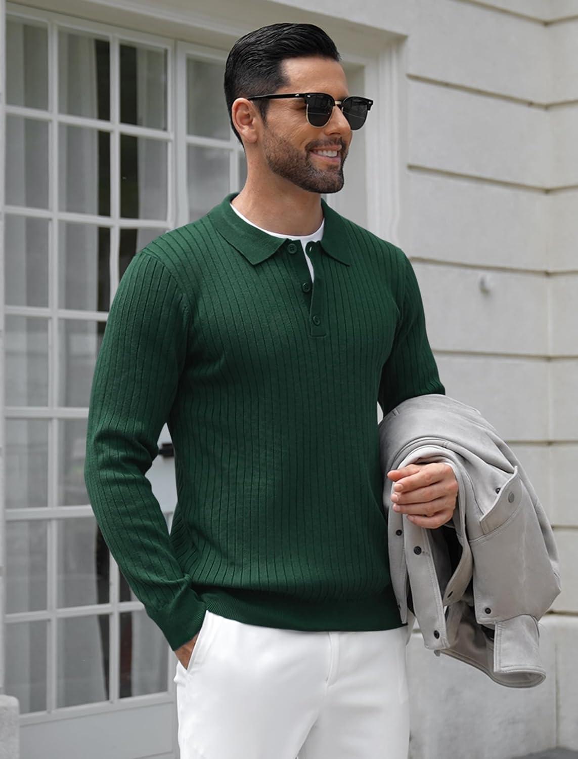 imageCOOFANDY Mens Knit Polo Shirts Casual Long Sleeve Classic Polo Shirts Button Down Golf ShirtsRibbed Green