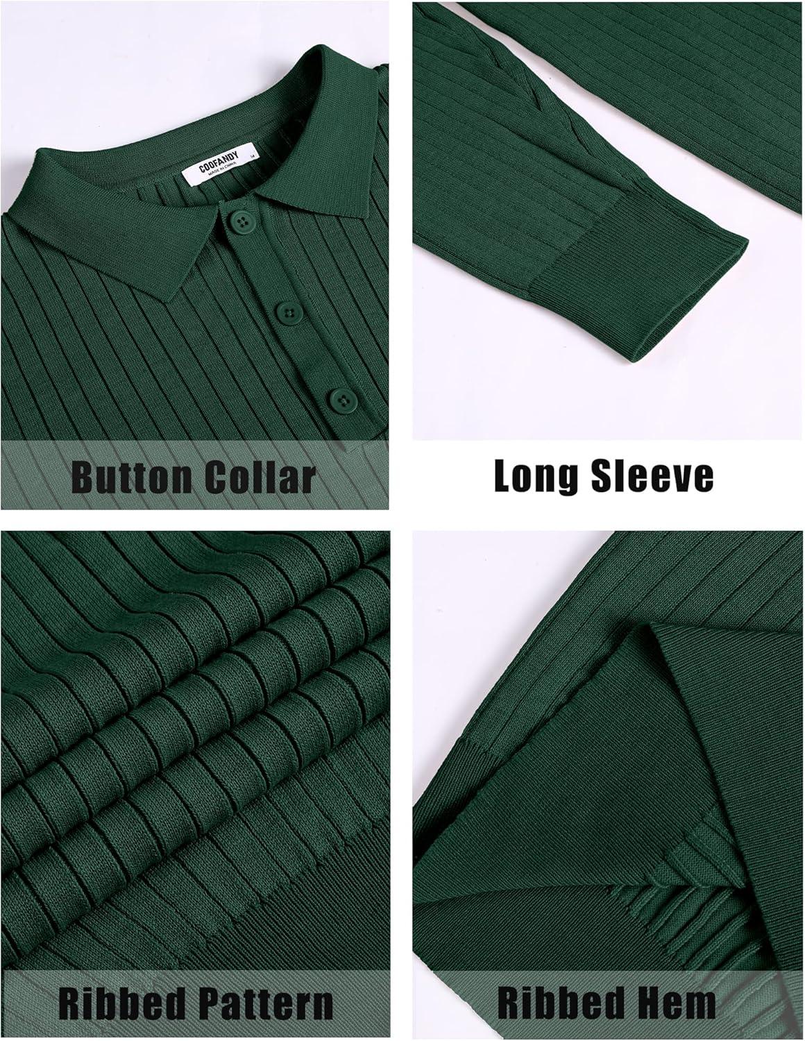 imageCOOFANDY Mens Knit Polo Shirts Casual Long Sleeve Classic Polo Shirts Button Down Golf ShirtsRibbed Green