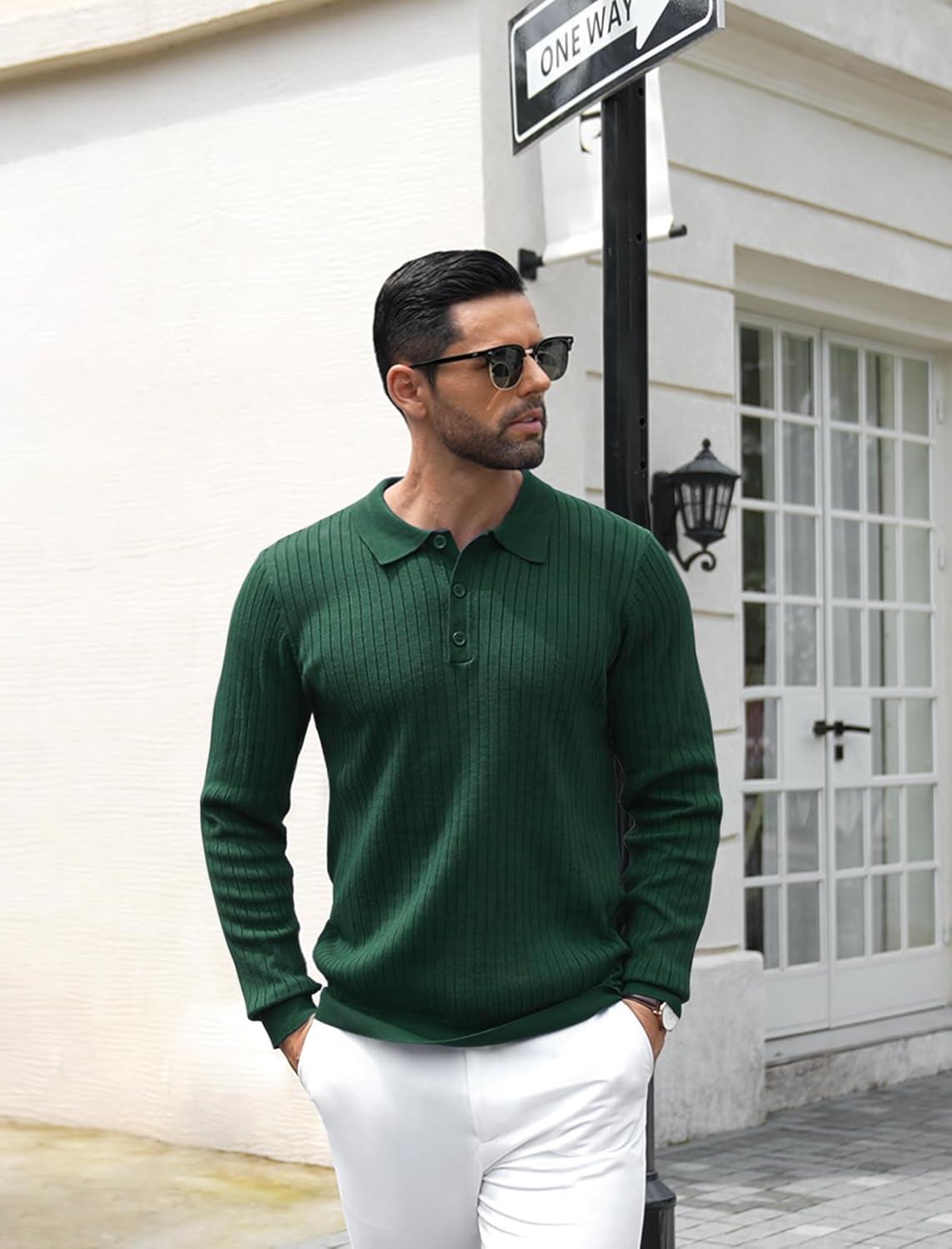 imageCOOFANDY Mens Knit Polo Shirts Casual Long Sleeve Classic Polo Shirts Button Down Golf ShirtsRibbed Green