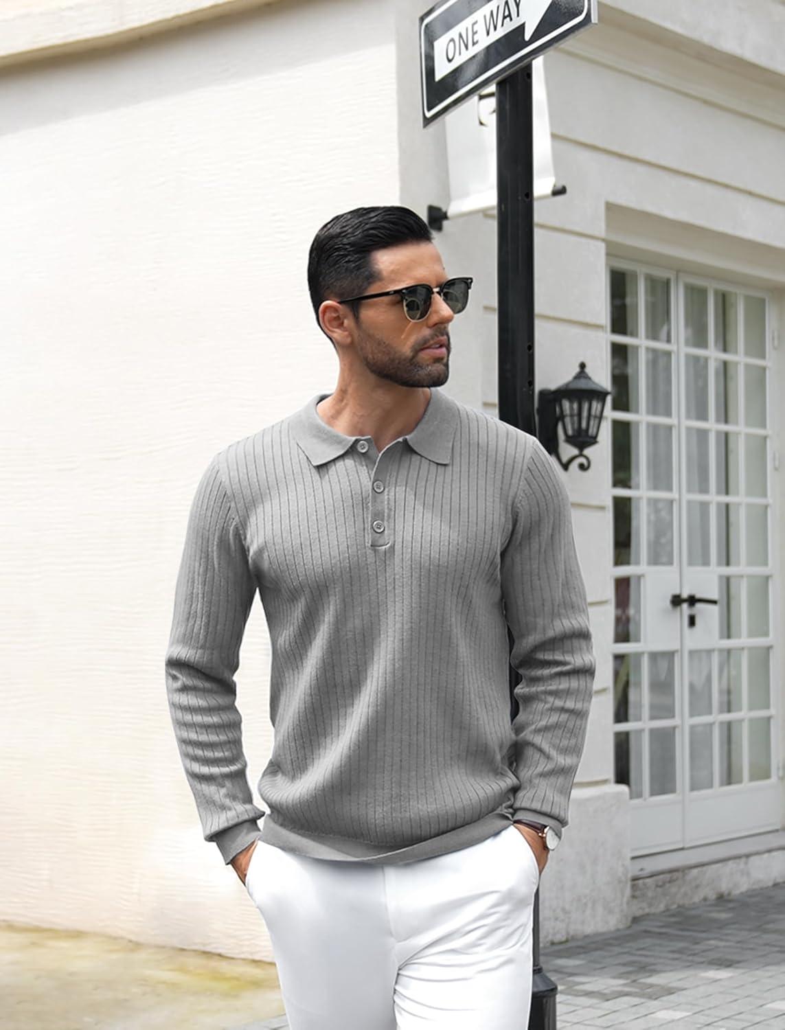imageCOOFANDY Mens Knit Polo Shirts Casual Long Sleeve Classic Polo Shirts Button Down Golf ShirtsRibbed Grey