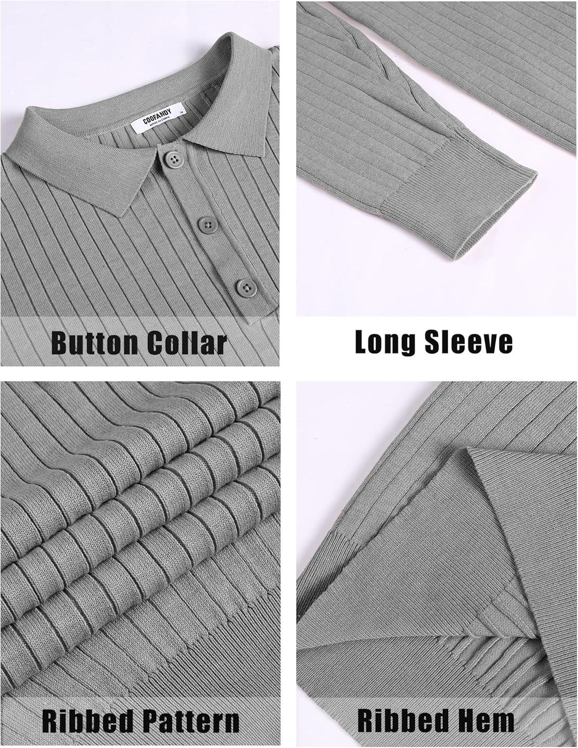 imageCOOFANDY Mens Knit Polo Shirts Casual Long Sleeve Classic Polo Shirts Button Down Golf ShirtsRibbed Grey