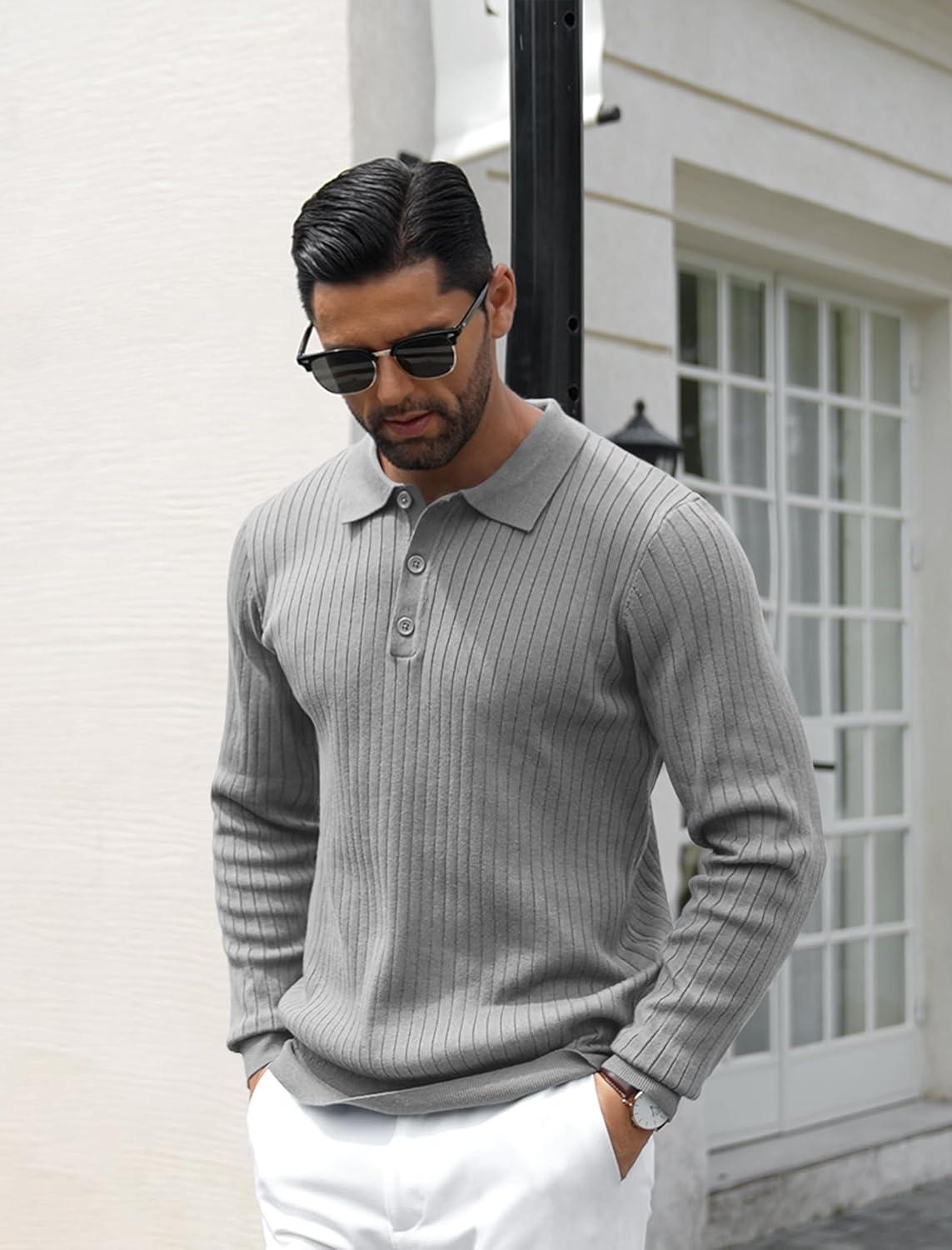 imageCOOFANDY Mens Knit Polo Shirts Casual Long Sleeve Classic Polo Shirts Button Down Golf ShirtsRibbed Grey