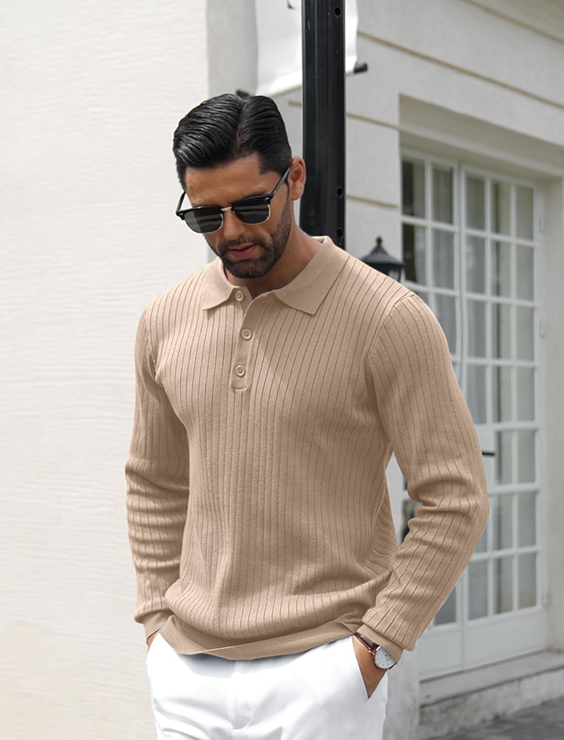 imageCOOFANDY Mens Knit Polo Shirts Casual Long Sleeve Classic Polo Shirts Button Down Golf ShirtsRibbed Khaki