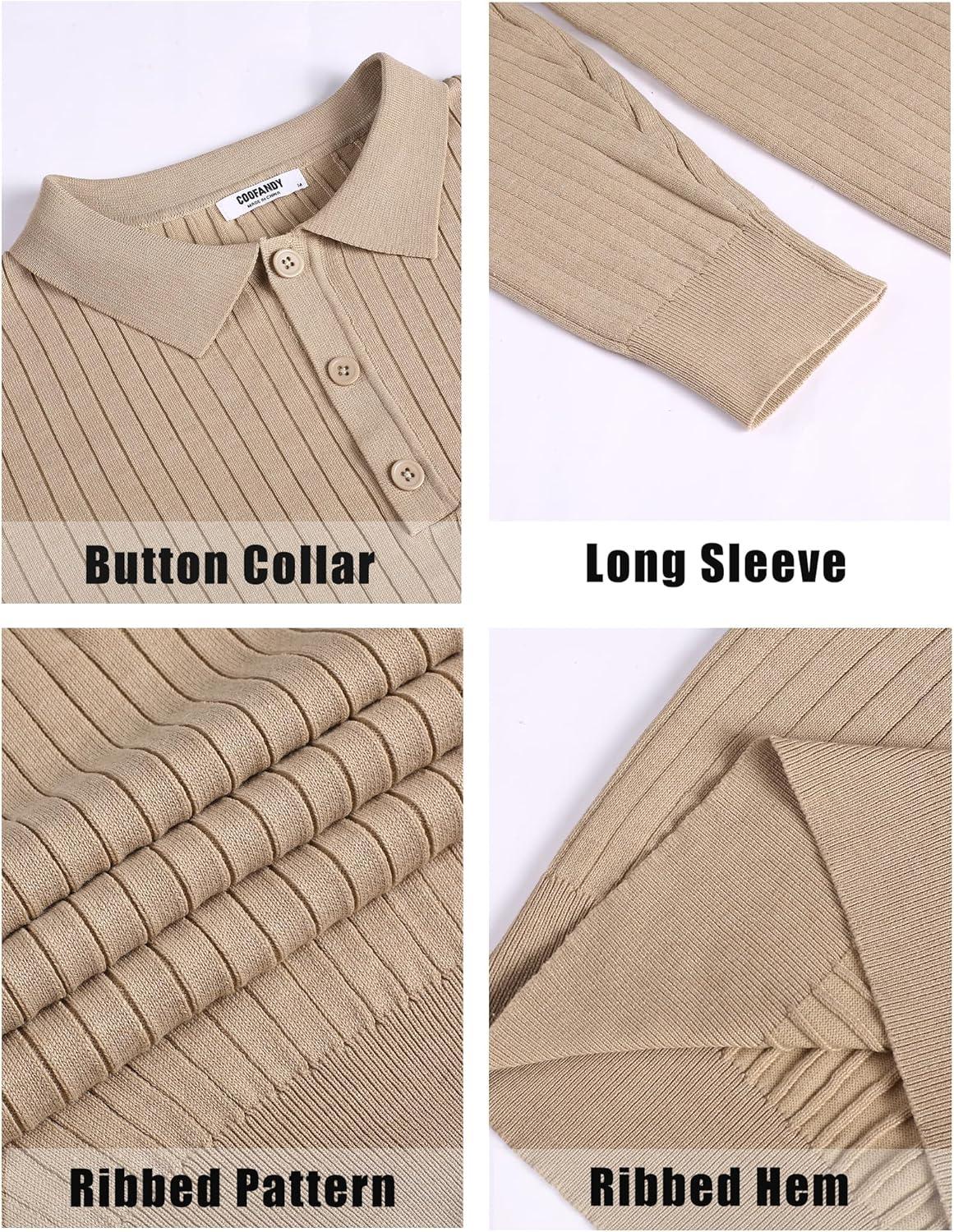 imageCOOFANDY Mens Knit Polo Shirts Casual Long Sleeve Classic Polo Shirts Button Down Golf ShirtsRibbed Khaki