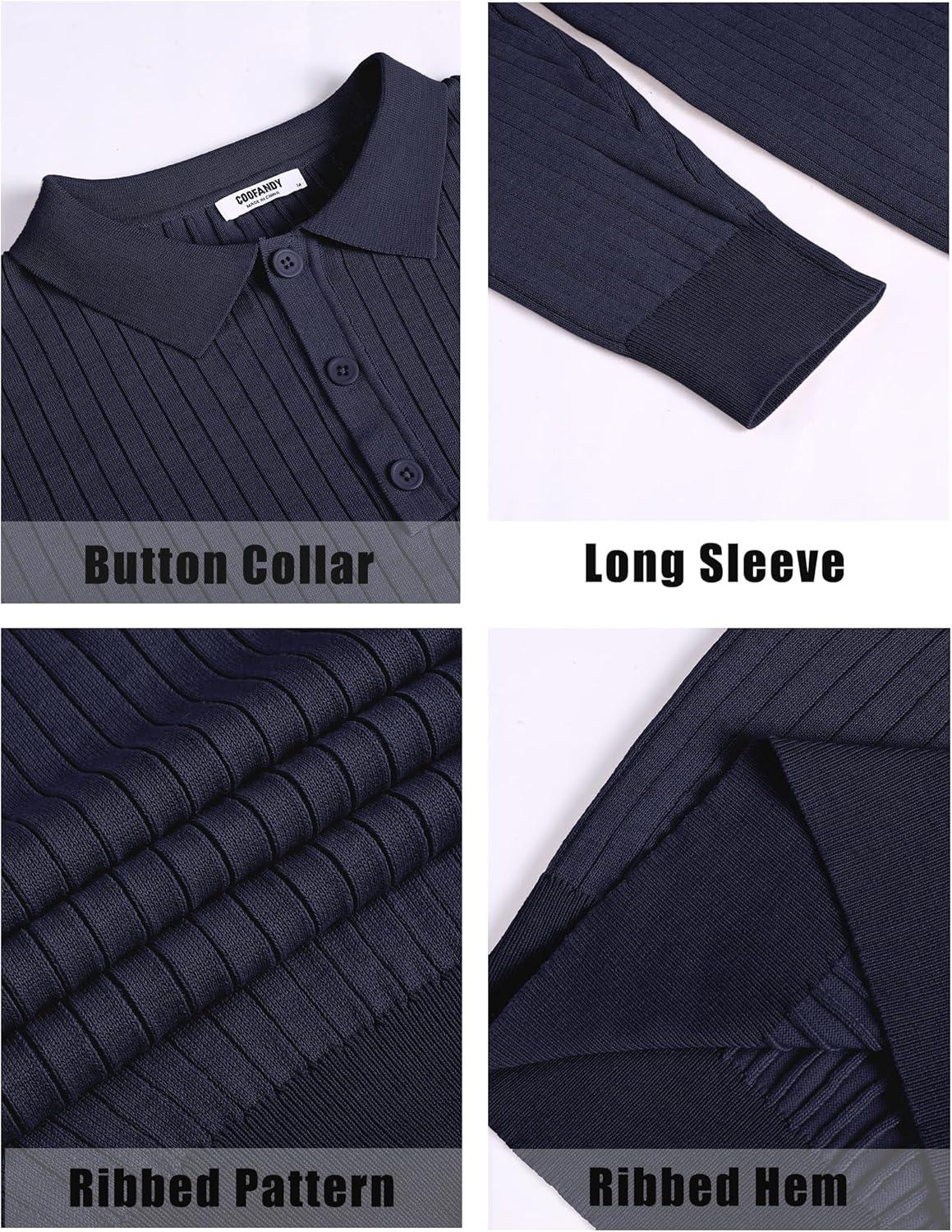 imageCOOFANDY Mens Knit Polo Shirts Casual Long Sleeve Classic Polo Shirts Button Down Golf ShirtsRibbed Navy Blue