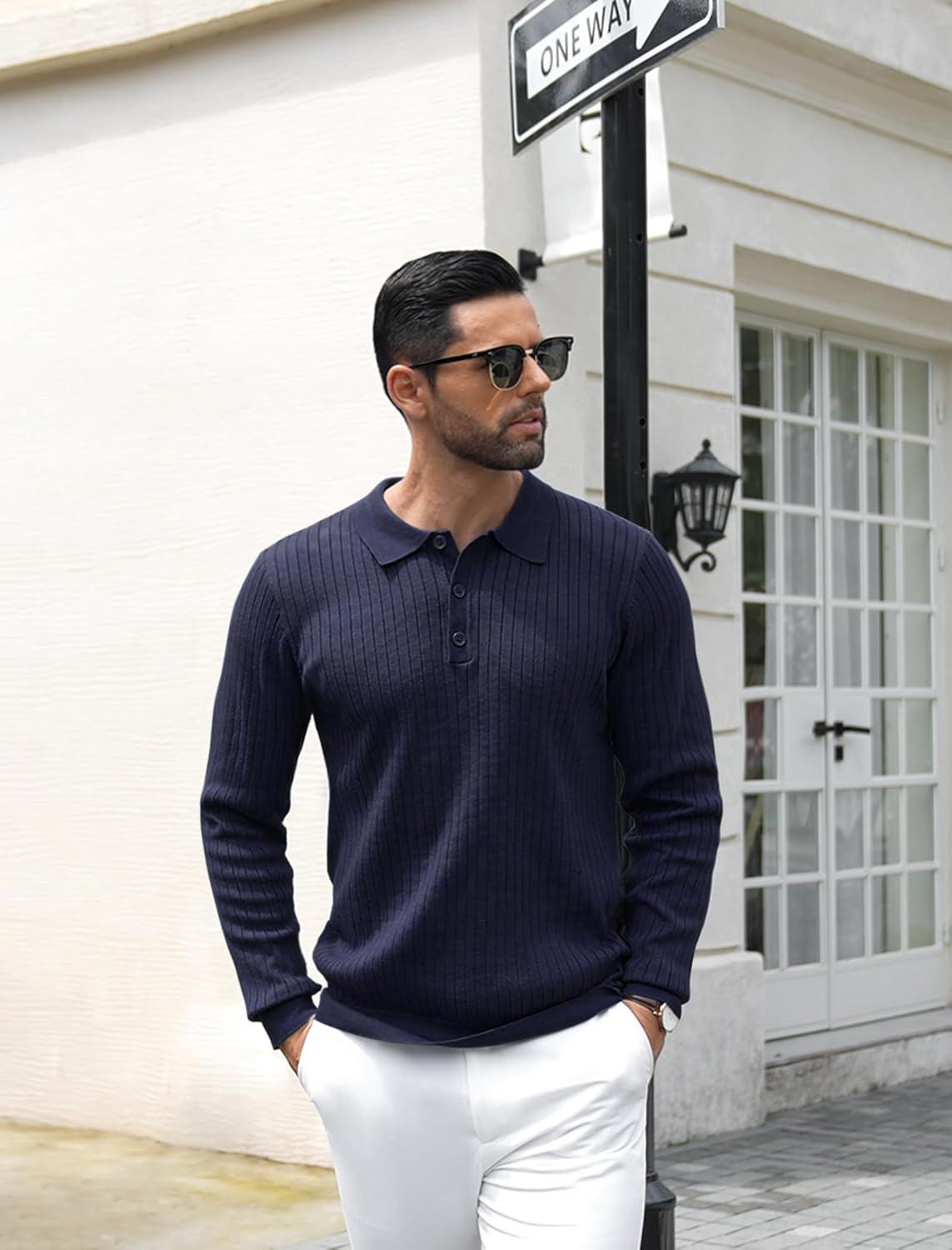 imageCOOFANDY Mens Knit Polo Shirts Casual Long Sleeve Classic Polo Shirts Button Down Golf ShirtsRibbed Navy Blue