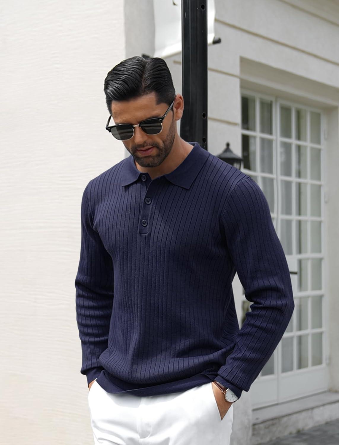 imageCOOFANDY Mens Knit Polo Shirts Casual Long Sleeve Classic Polo Shirts Button Down Golf ShirtsRibbed Navy Blue