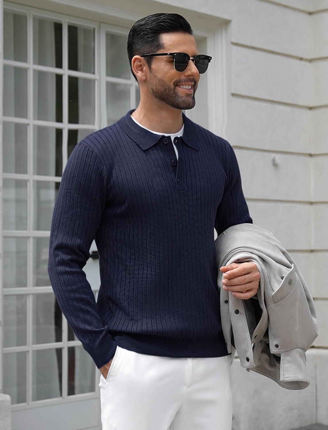 imageCOOFANDY Mens Knit Polo Shirts Casual Long Sleeve Classic Polo Shirts Button Down Golf ShirtsRibbed Navy Blue