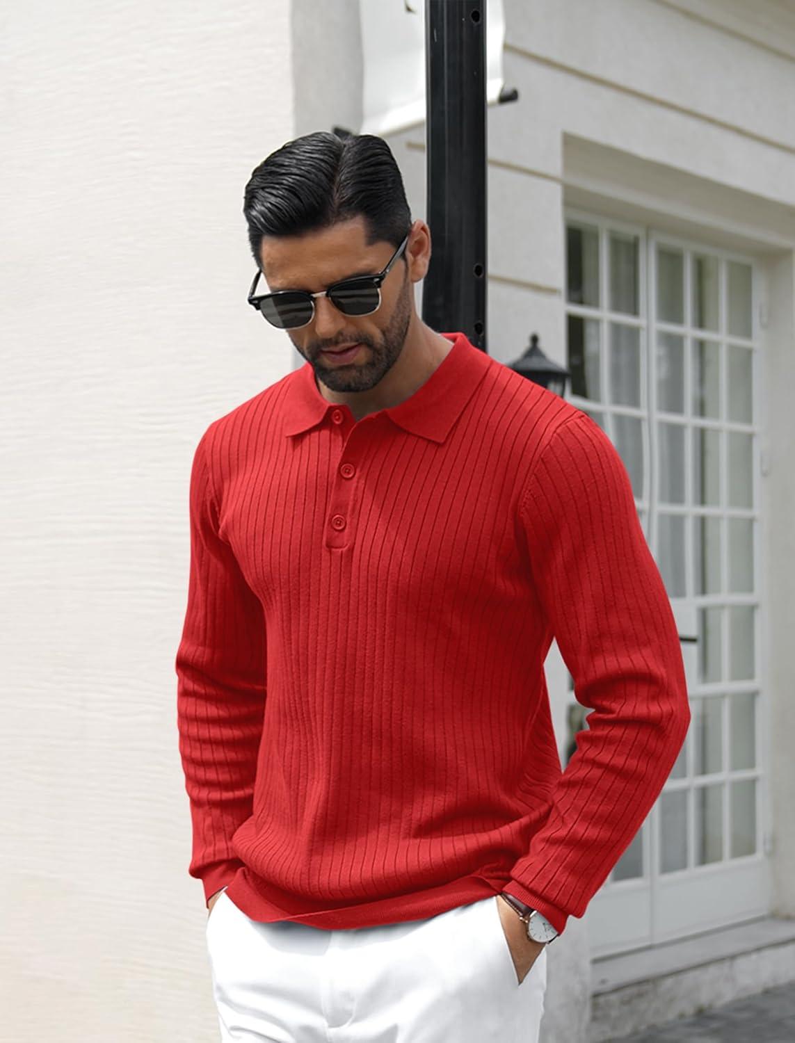 imageCOOFANDY Mens Knit Polo Shirts Casual Long Sleeve Classic Polo Shirts Button Down Golf ShirtsRibbed Red