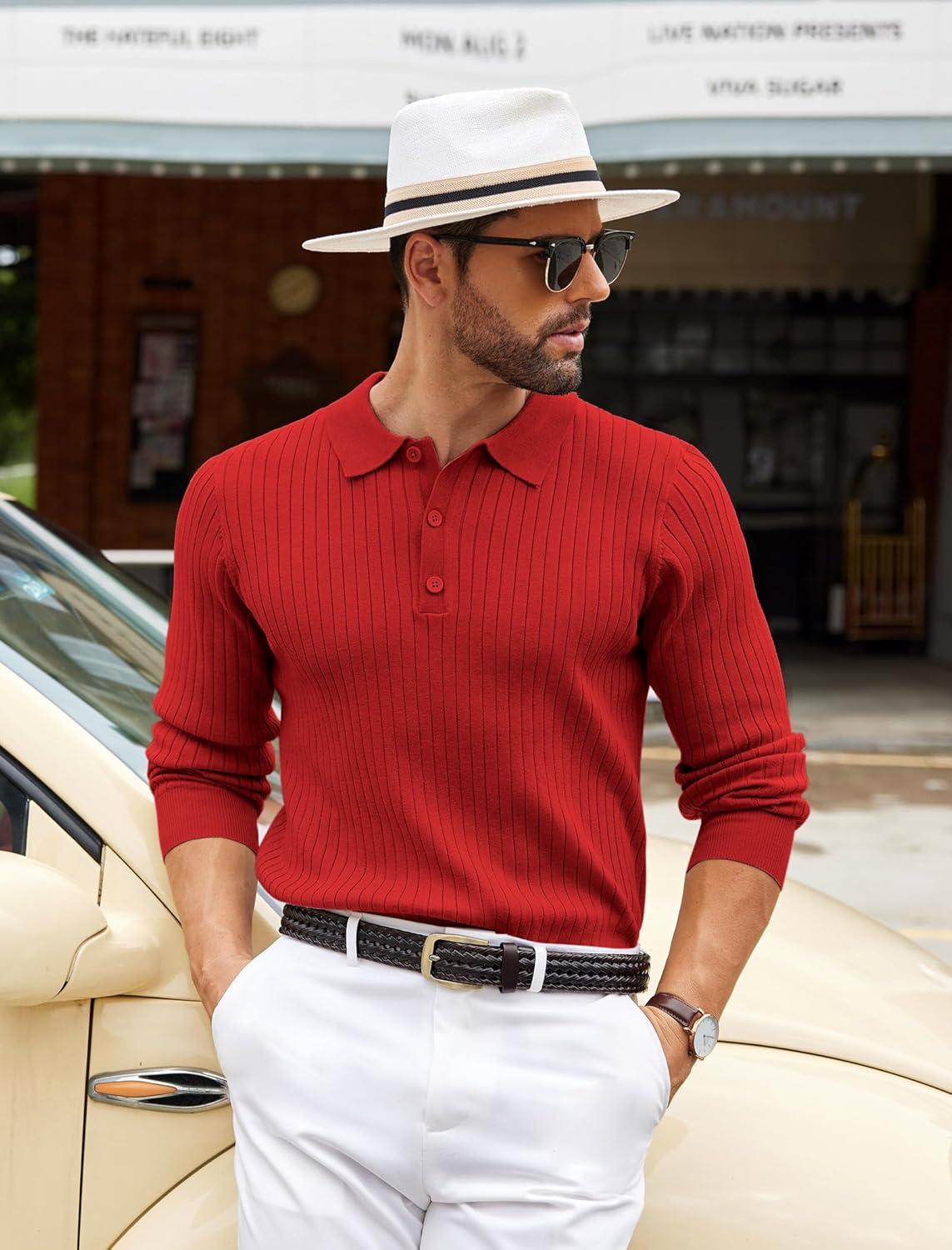 imageCOOFANDY Mens Knit Polo Shirts Casual Long Sleeve Classic Polo Shirts Button Down Golf ShirtsRibbed Red