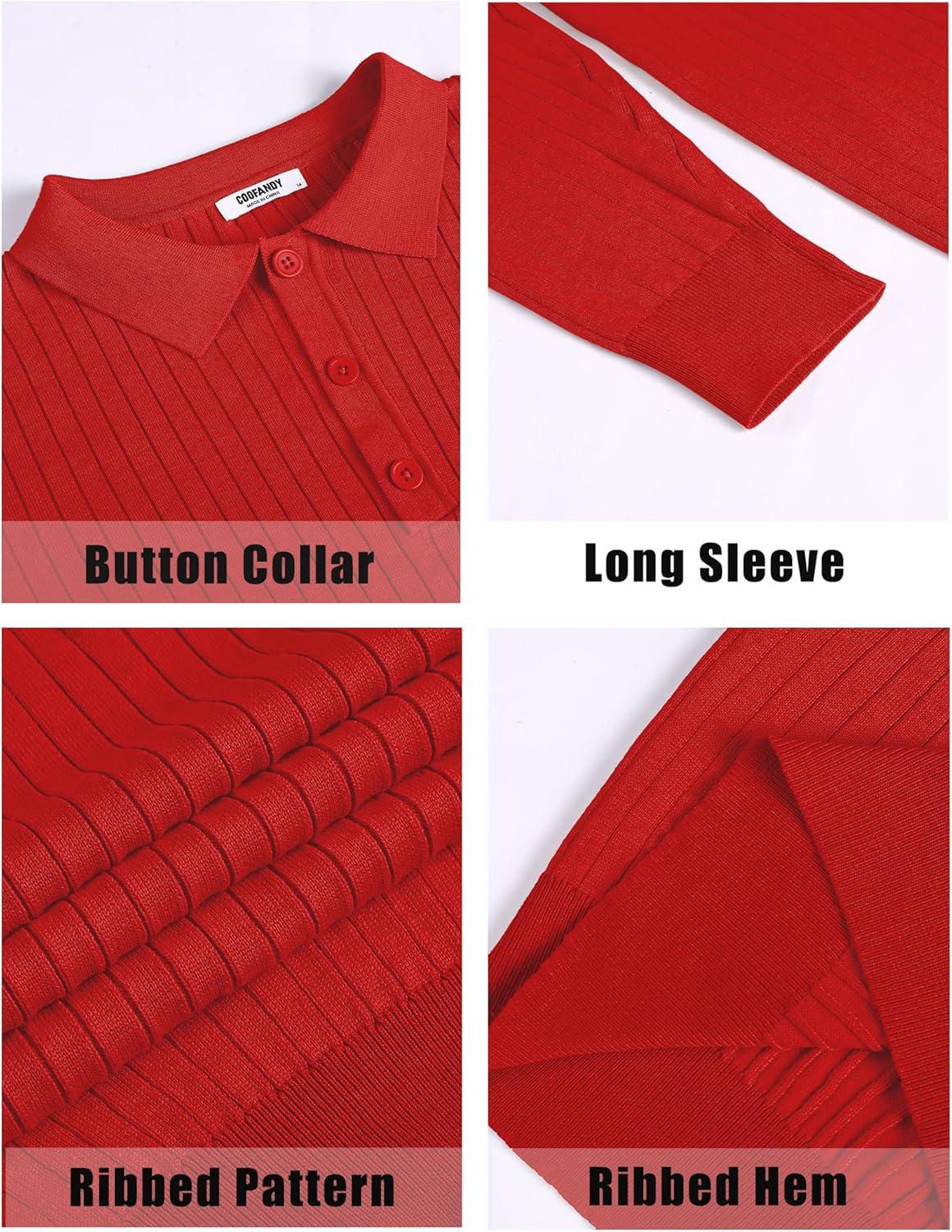 imageCOOFANDY Mens Knit Polo Shirts Casual Long Sleeve Classic Polo Shirts Button Down Golf ShirtsRibbed Red