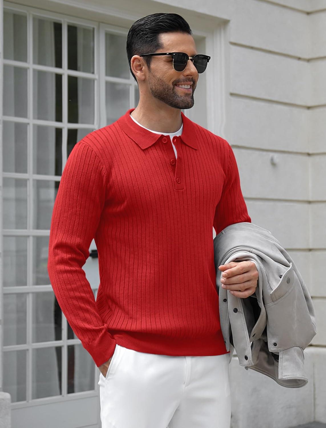 imageCOOFANDY Mens Knit Polo Shirts Casual Long Sleeve Classic Polo Shirts Button Down Golf ShirtsRibbed Red