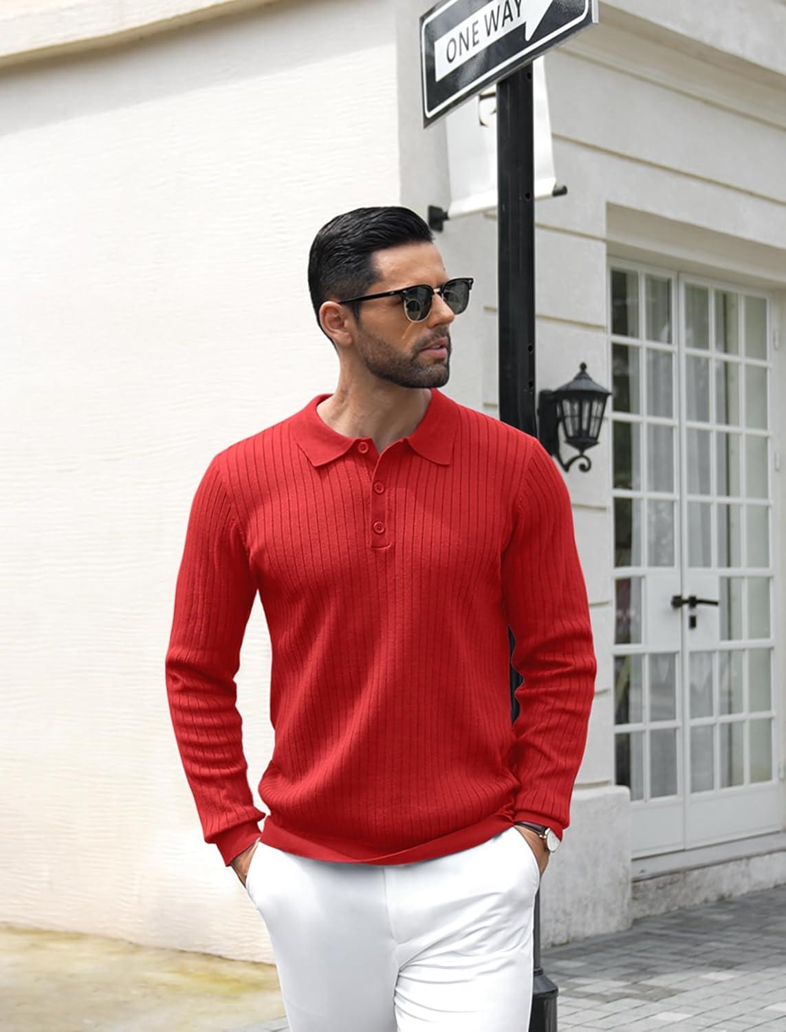 imageCOOFANDY Mens Knit Polo Shirts Casual Long Sleeve Classic Polo Shirts Button Down Golf ShirtsRibbed Red