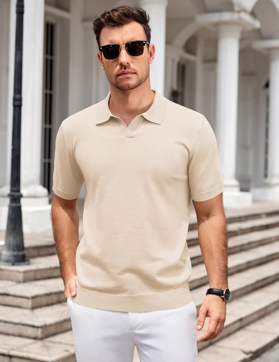 imageCOOFANDY Mens Knit Polo Shirts V Neck Short Sleeve Stretch Polo T Shirt Casual Golf ShirtsChampagne