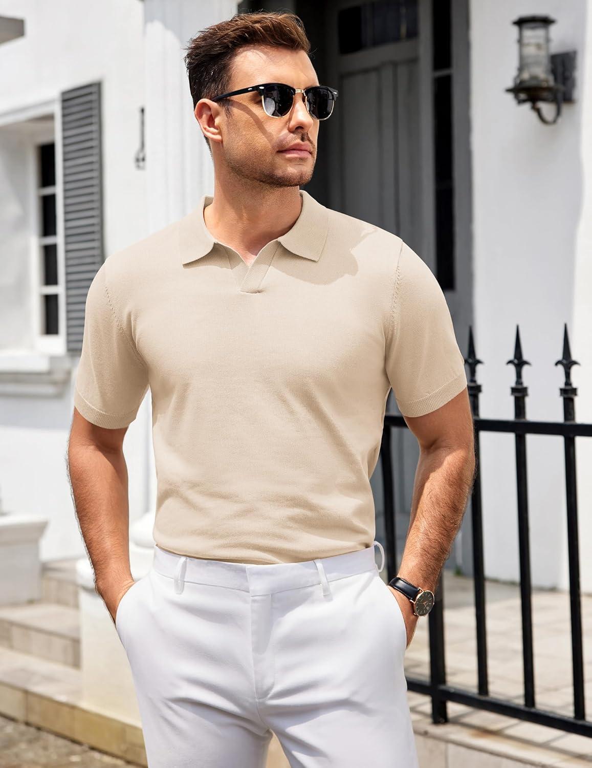 imageCOOFANDY Mens Knit Polo Shirts V Neck Short Sleeve Stretch Polo T Shirt Casual Golf ShirtsChampagne