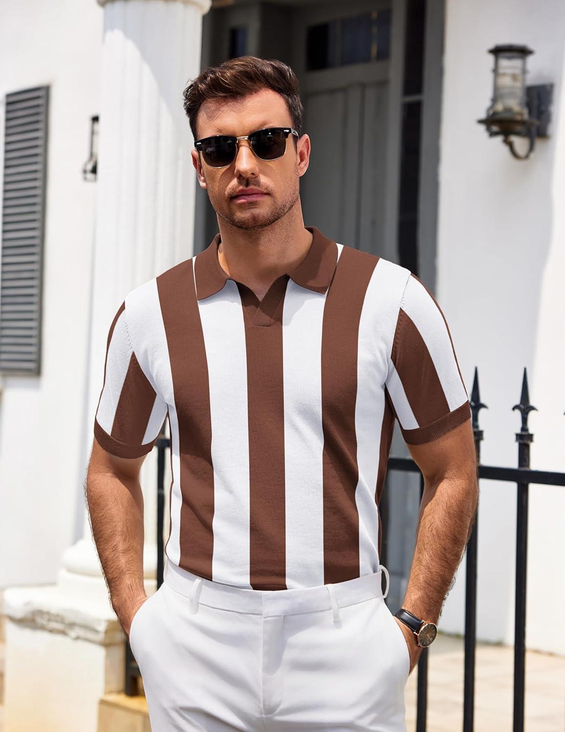 imageCOOFANDY Mens Knit Polo Shirts V Neck Short Sleeve Stretch Polo T Shirt Casual Golf ShirtsCoffee  White Stripes