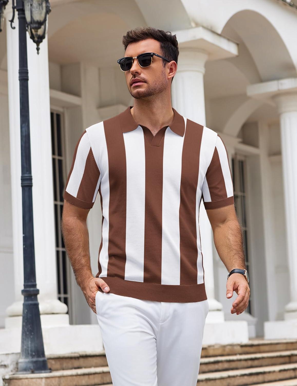 imageCOOFANDY Mens Knit Polo Shirts V Neck Short Sleeve Stretch Polo T Shirt Casual Golf ShirtsCoffee  White Stripes