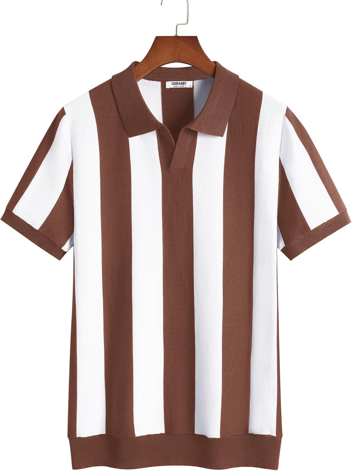 imageCOOFANDY Mens Knit Polo Shirts V Neck Short Sleeve Stretch Polo T Shirt Casual Golf ShirtsCoffee  White Stripes