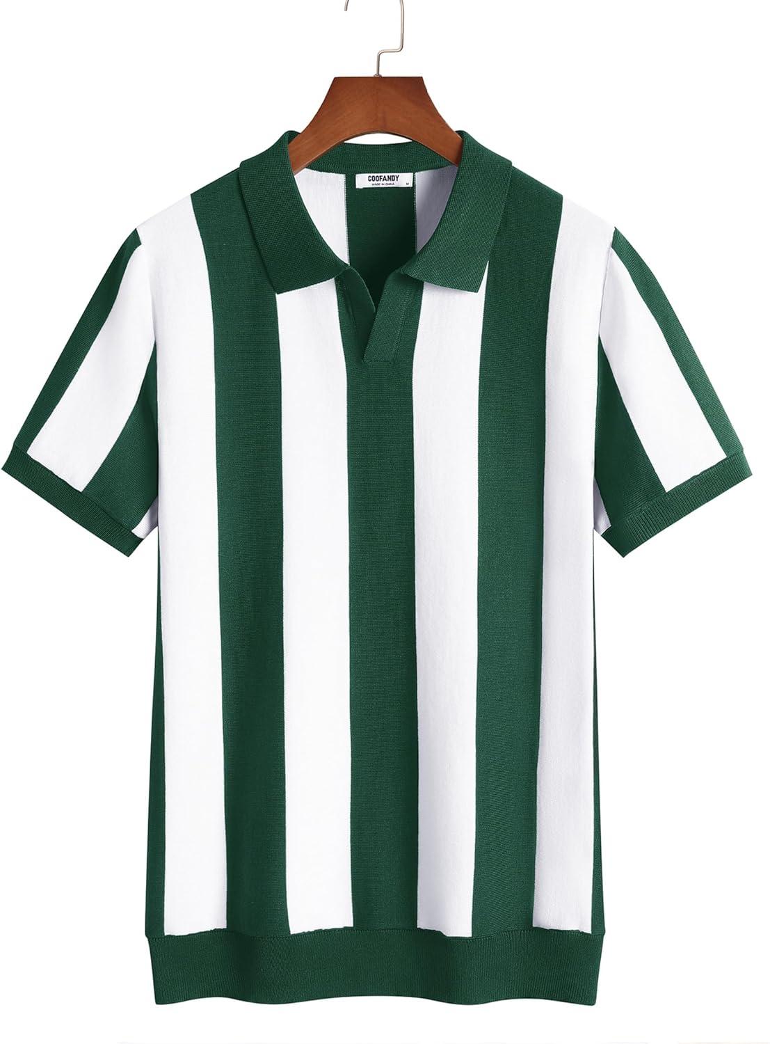 imageCOOFANDY Mens Knit Polo Shirts V Neck Short Sleeve Stretch Polo T Shirt Casual Golf ShirtsGreen  White Stripes