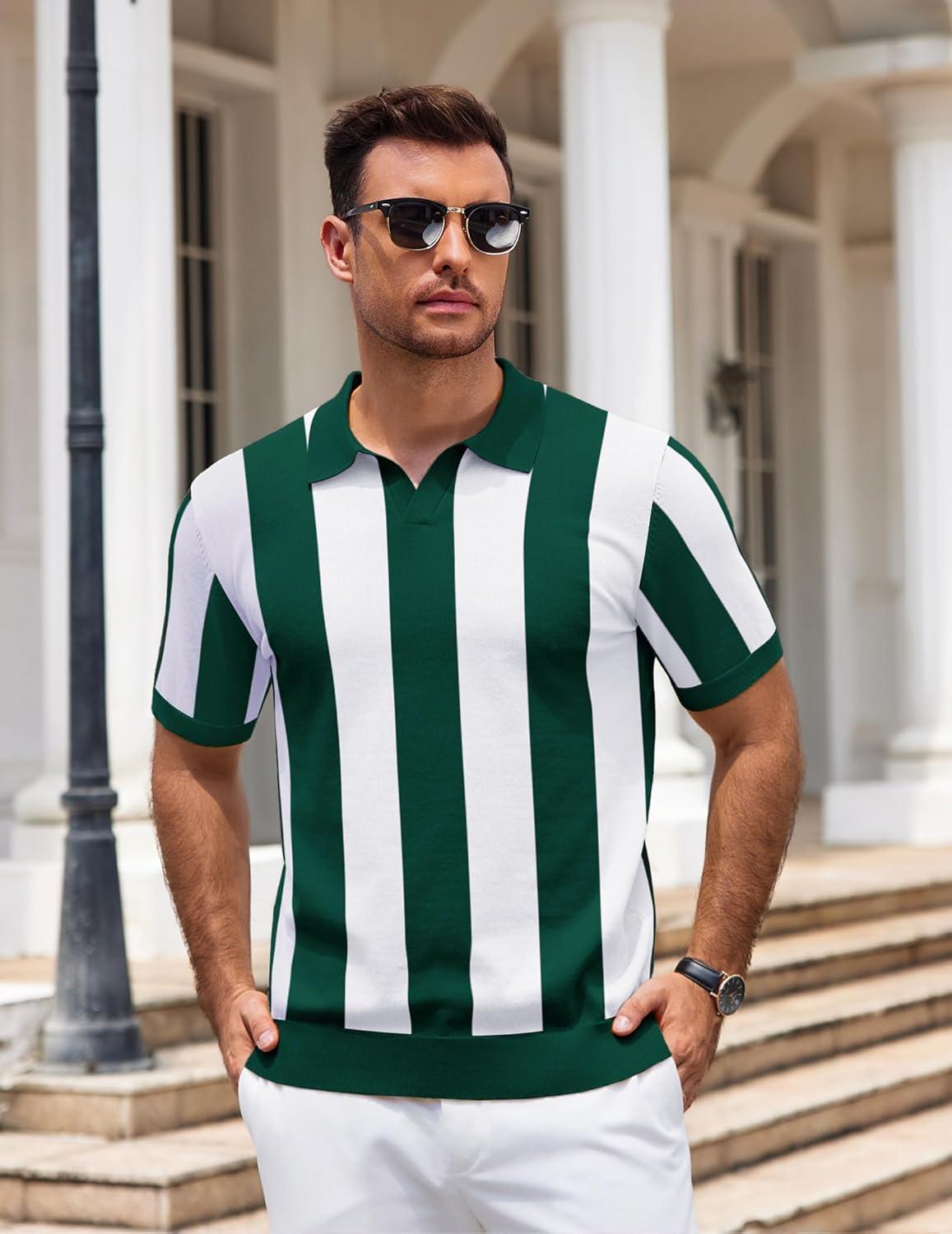 imageCOOFANDY Mens Knit Polo Shirts V Neck Short Sleeve Stretch Polo T Shirt Casual Golf ShirtsGreen  White Stripes