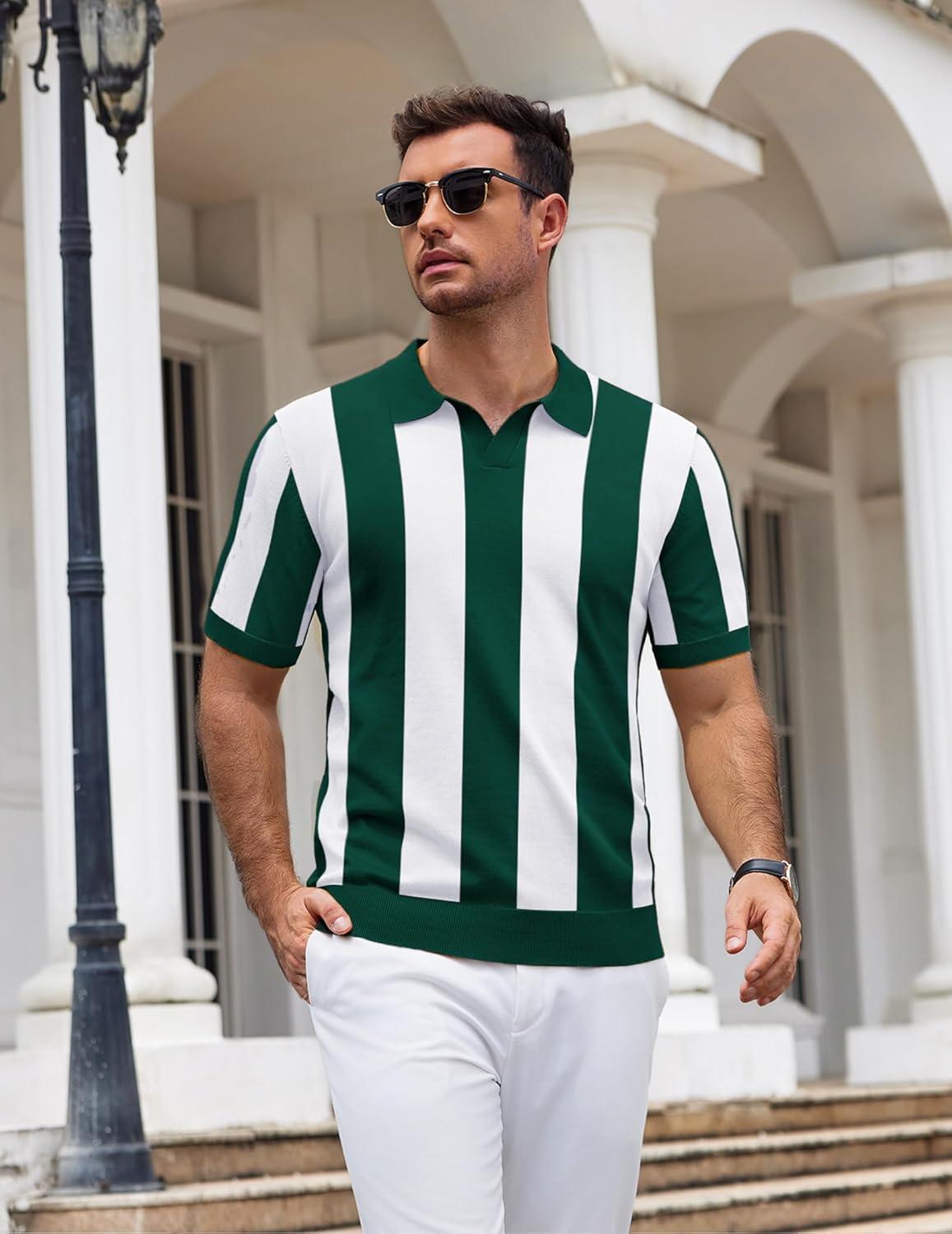imageCOOFANDY Mens Knit Polo Shirts V Neck Short Sleeve Stretch Polo T Shirt Casual Golf ShirtsGreen  White Stripes
