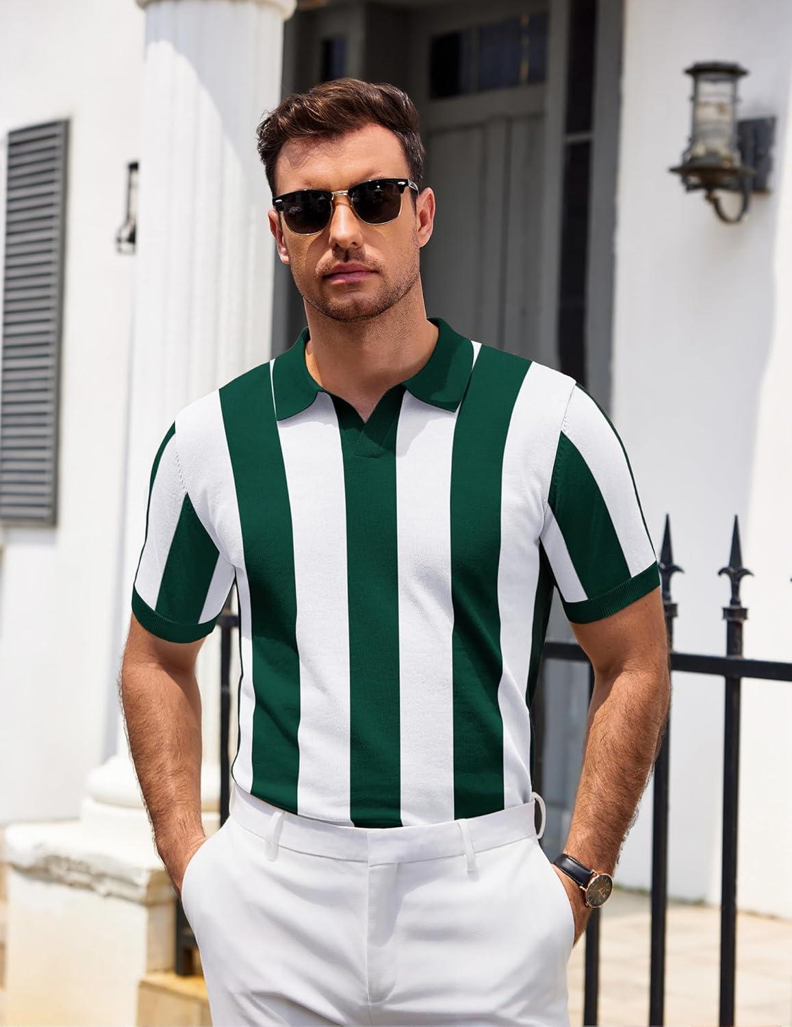 imageCOOFANDY Mens Knit Polo Shirts V Neck Short Sleeve Stretch Polo T Shirt Casual Golf ShirtsGreen  White Stripes